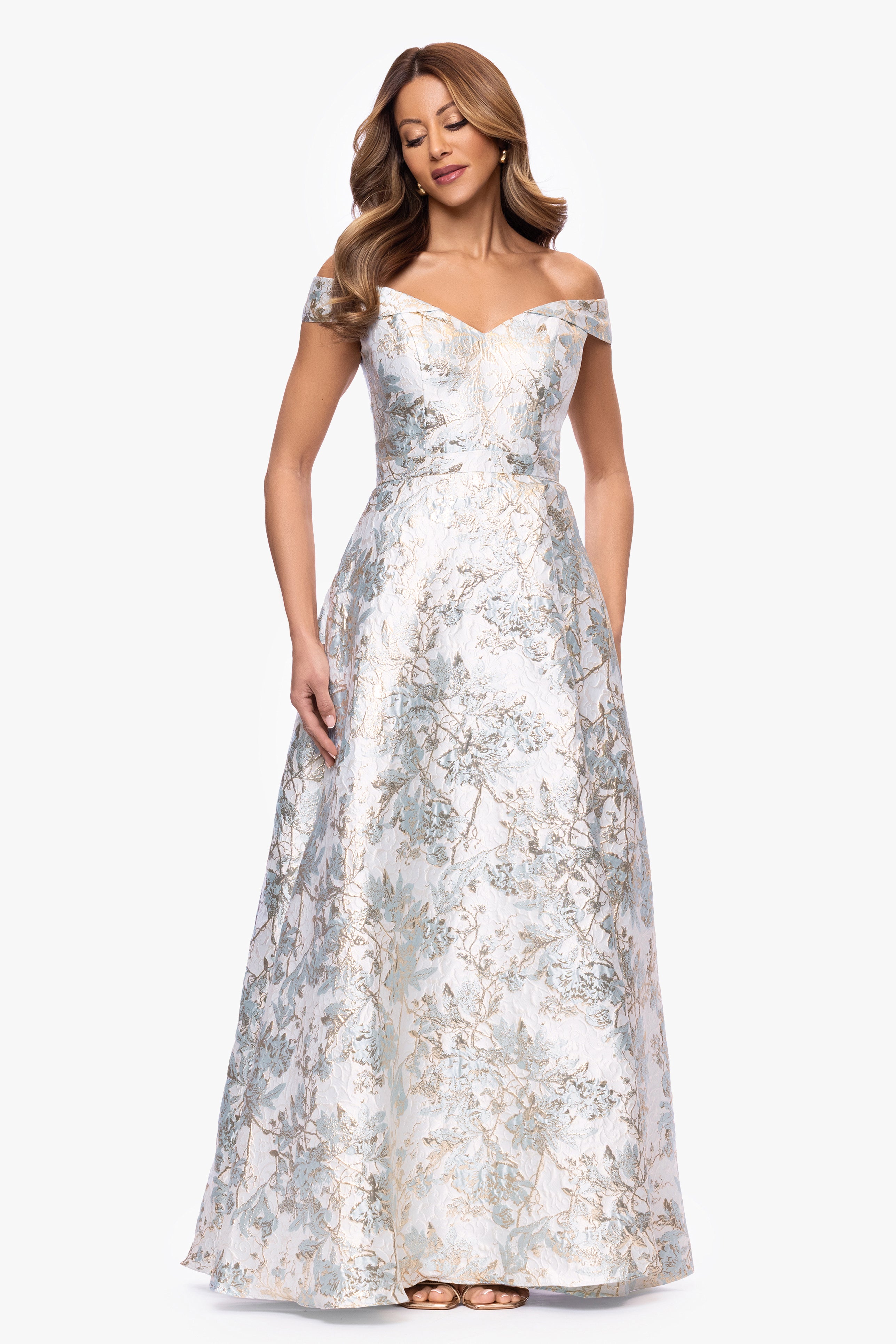 Sammi Brocade Off the Shoulder Floor Length Dress