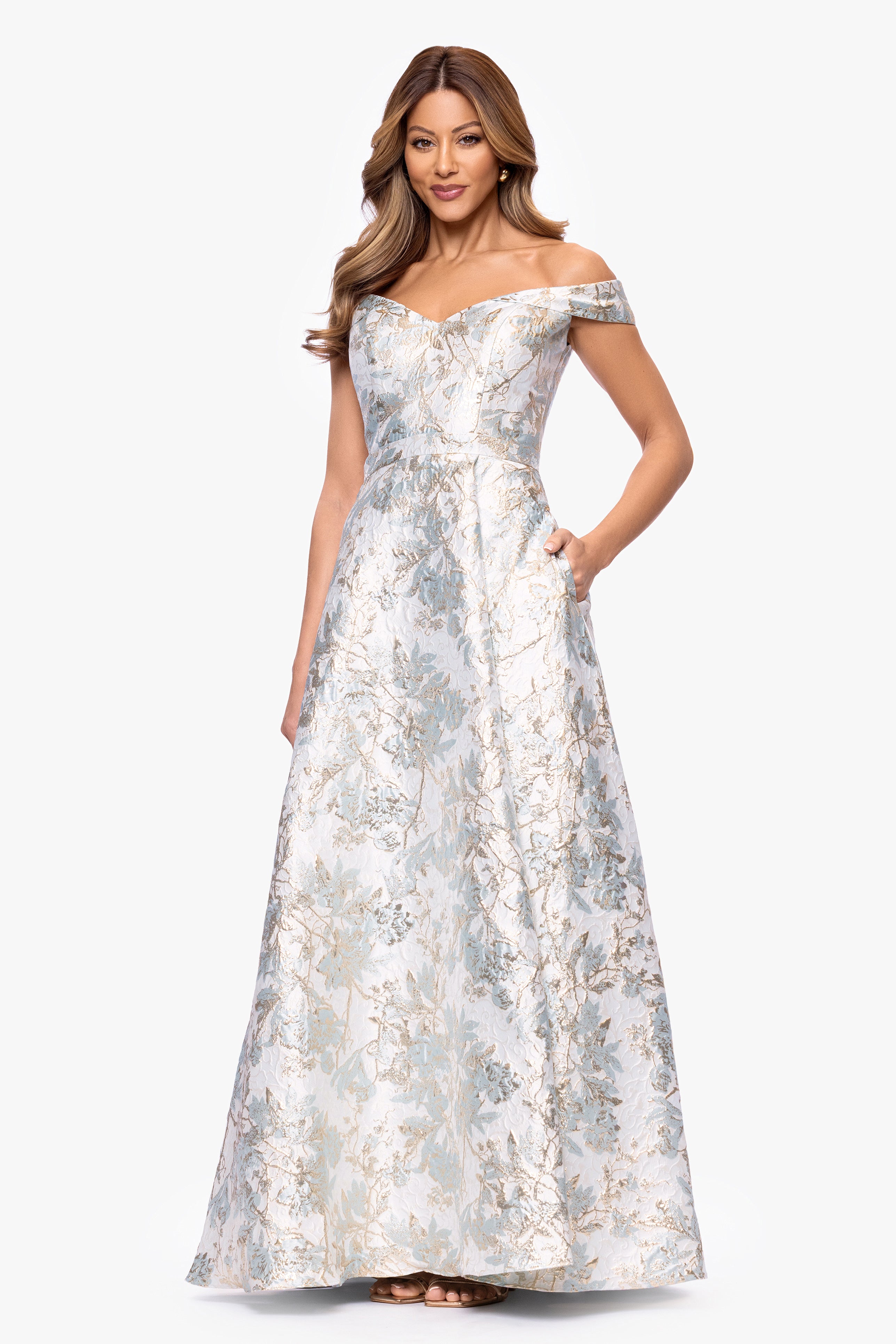"Sammi" Brocade Off the Shoulder Floor Length Dress