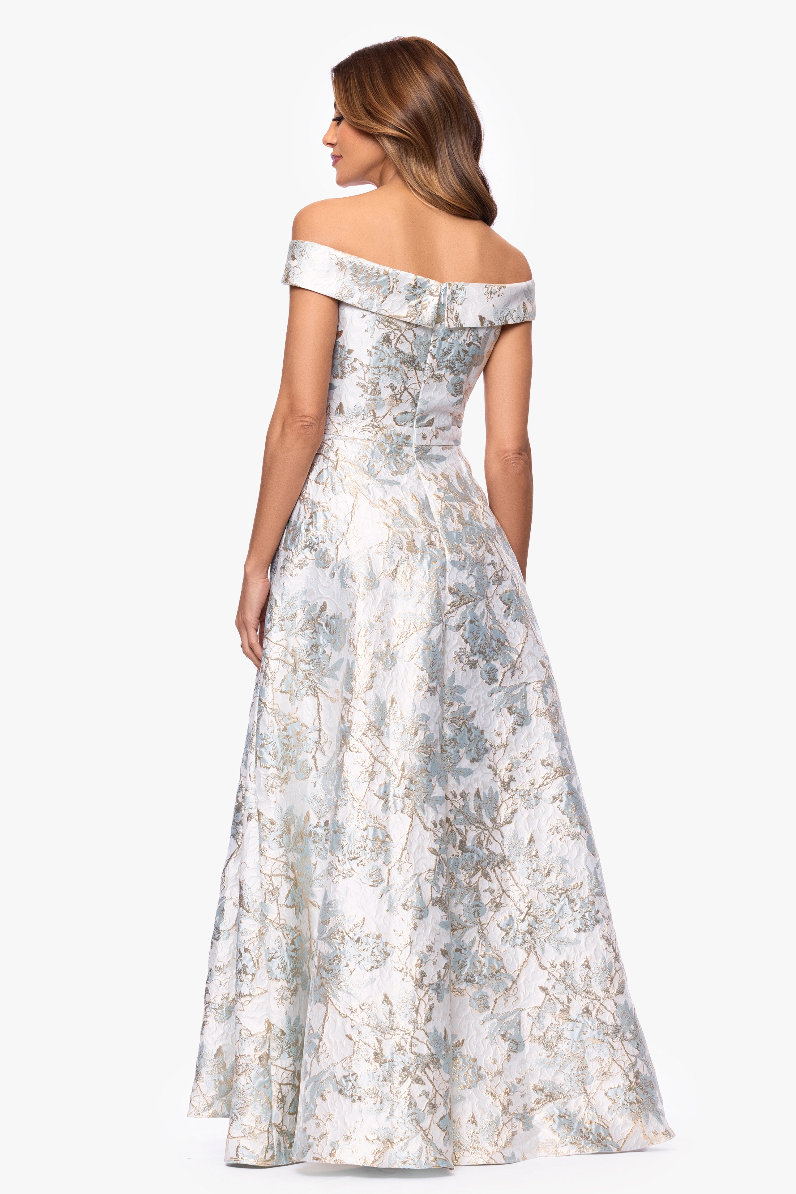 "Sammi" Brocade Off the Shoulder Floor Length Dress