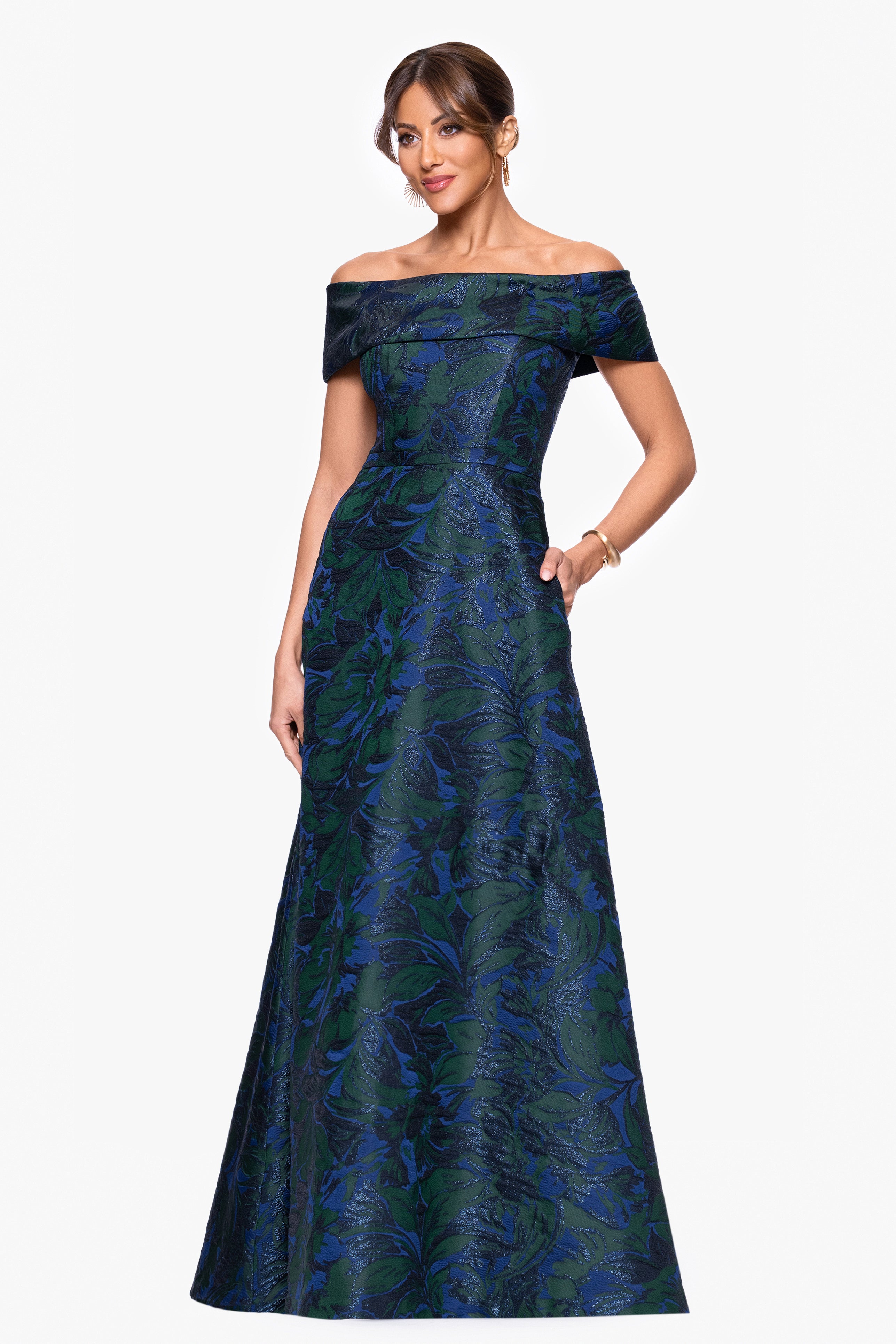 Petite "June" Jacquard Off the Shoulder Floor Length Dress