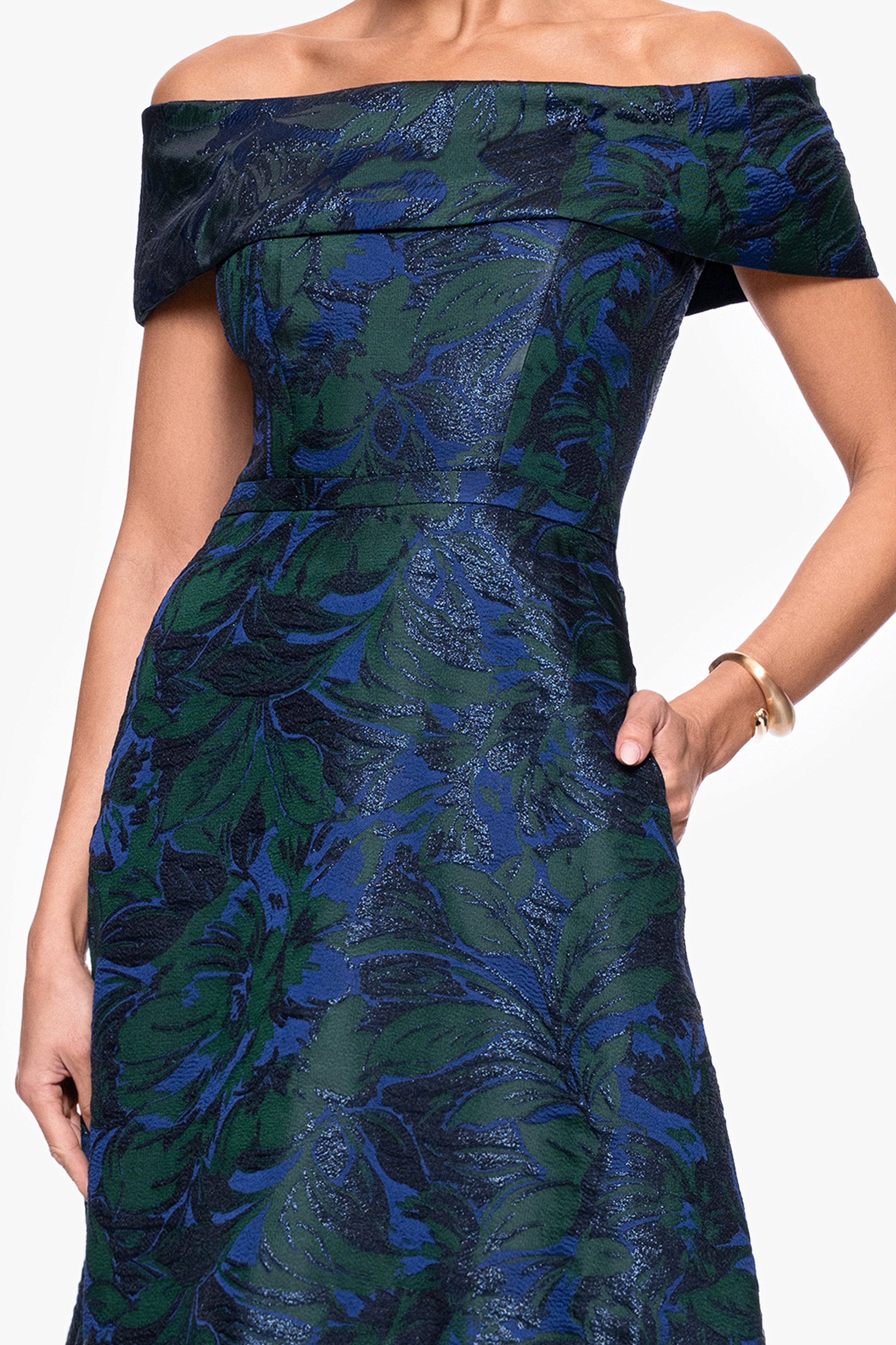 Petite "June" Jacquard Off the Shoulder Floor Length Dress