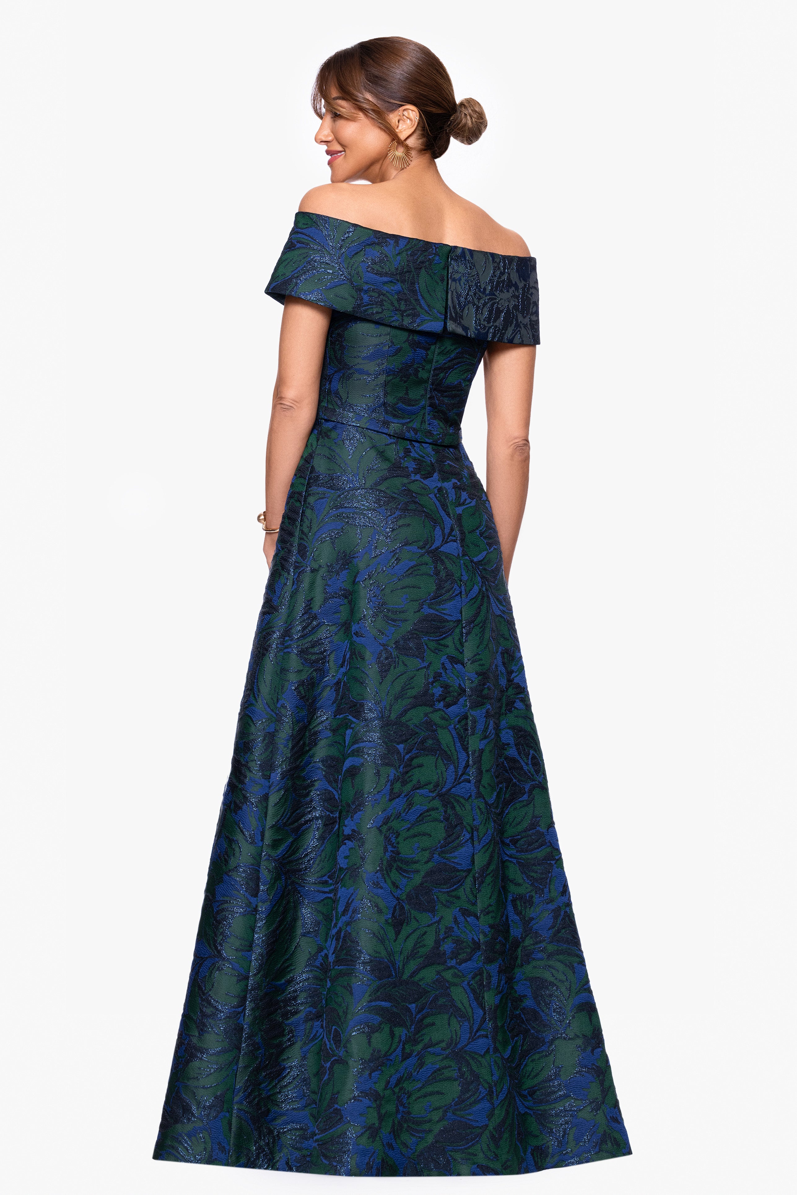 Petite "June" Jacquard Off the Shoulder Floor Length Dress