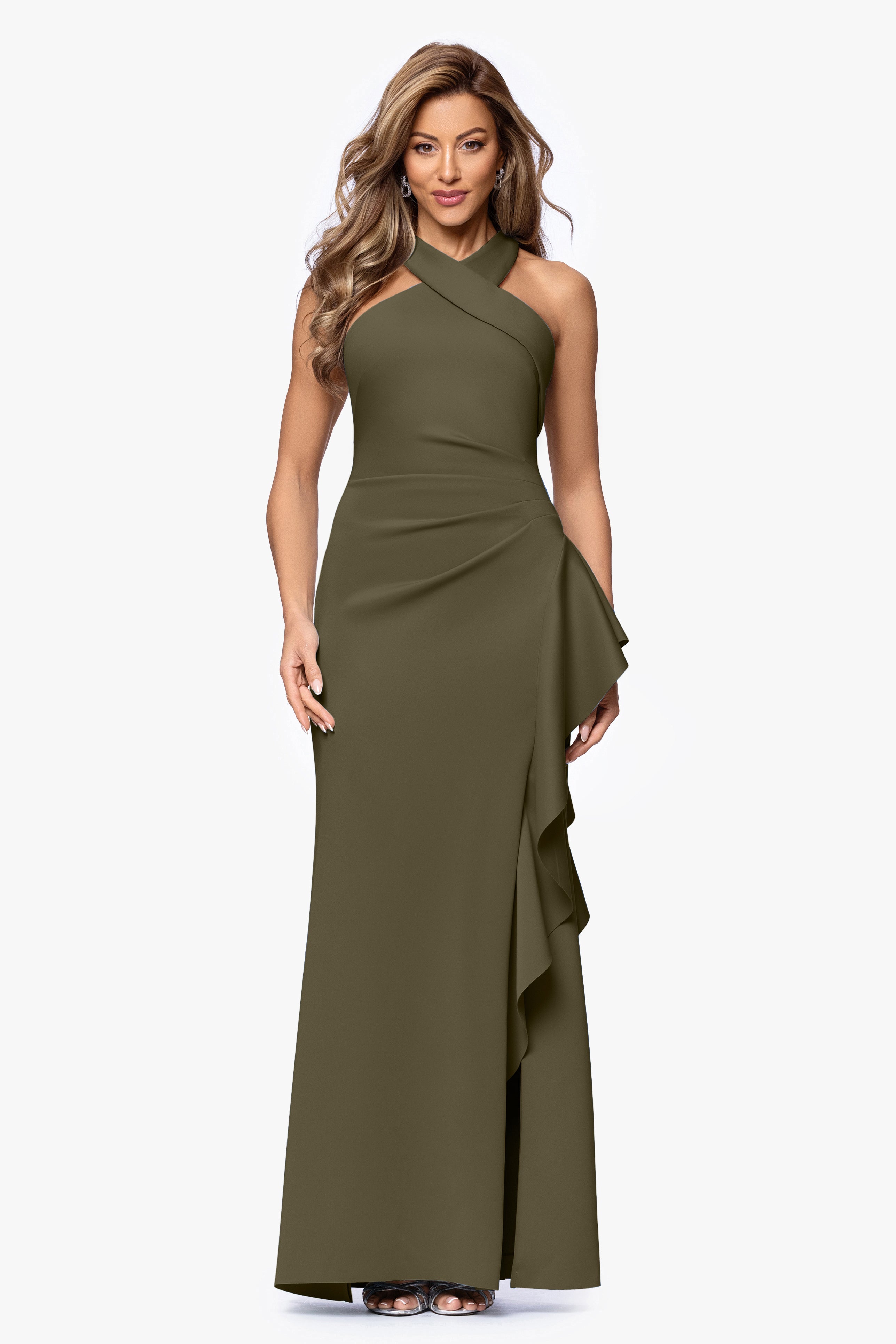 Petite "Gigi" Techno Scuba Cross Neck Ruffle Floor Length Dress