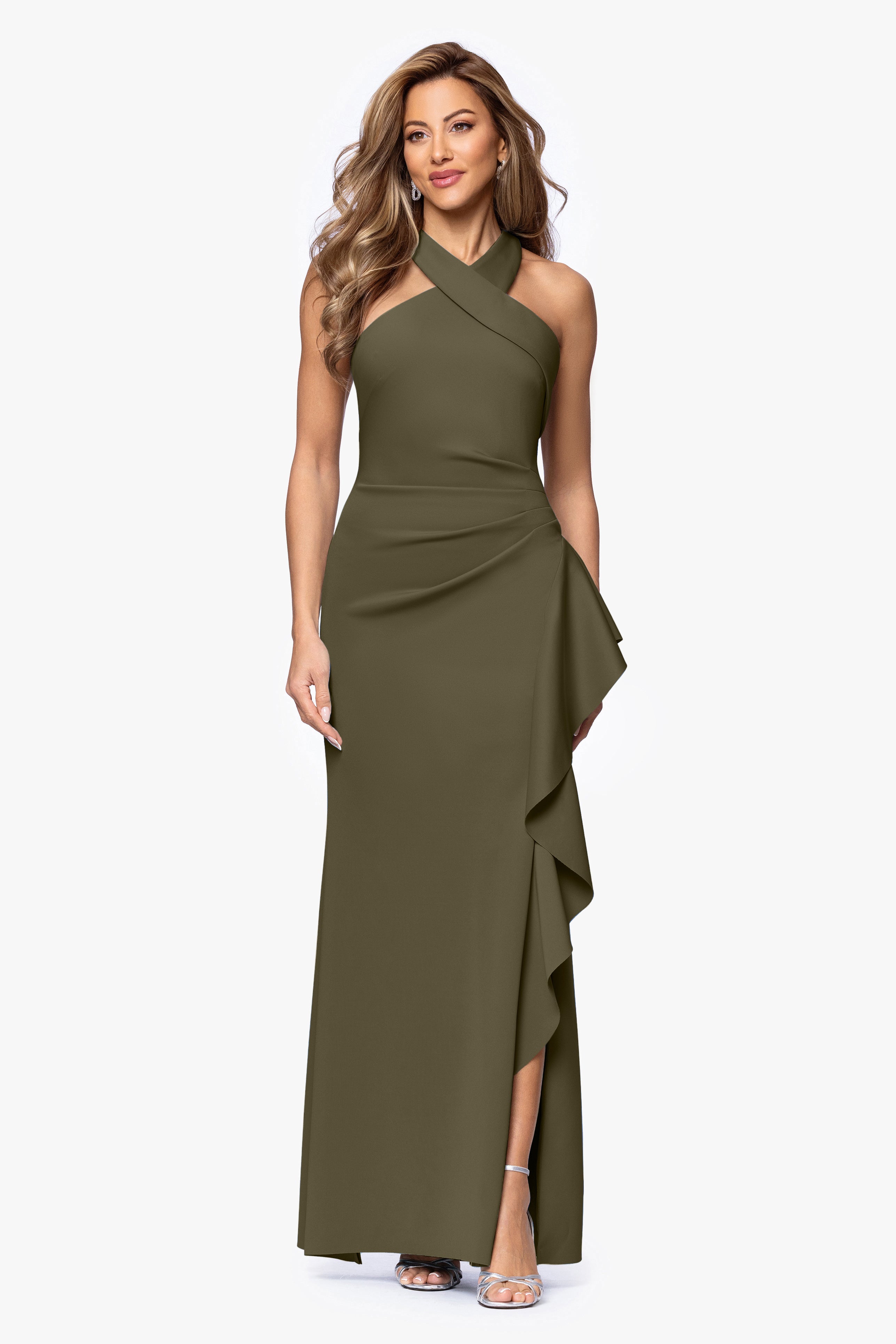 Petite "Gigi" Techno Scuba Cross Neck Ruffle Floor Length Dress
