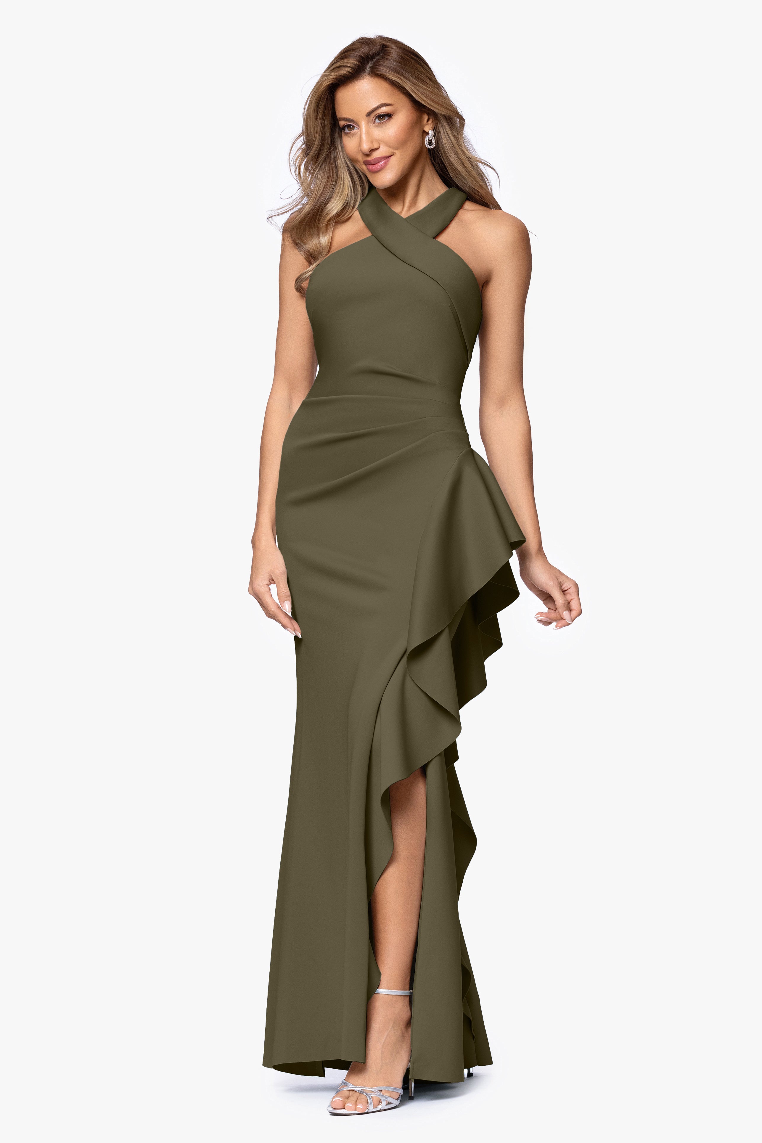 Petite "Gigi" Techno Scuba Cross Neck Ruffle Floor Length Dress