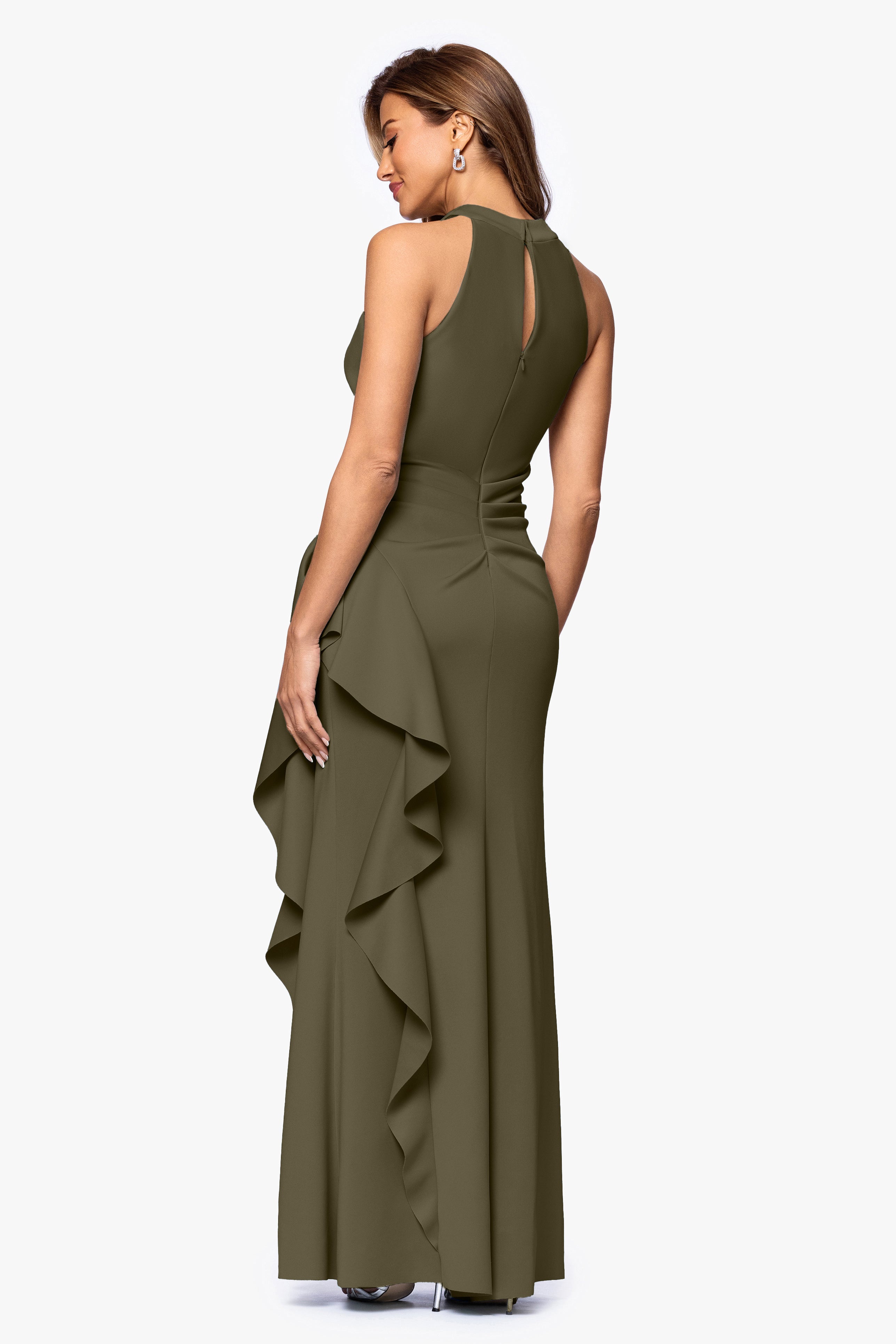 Petite "Gigi" Techno Scuba Cross Neck Ruffle Floor Length Dress