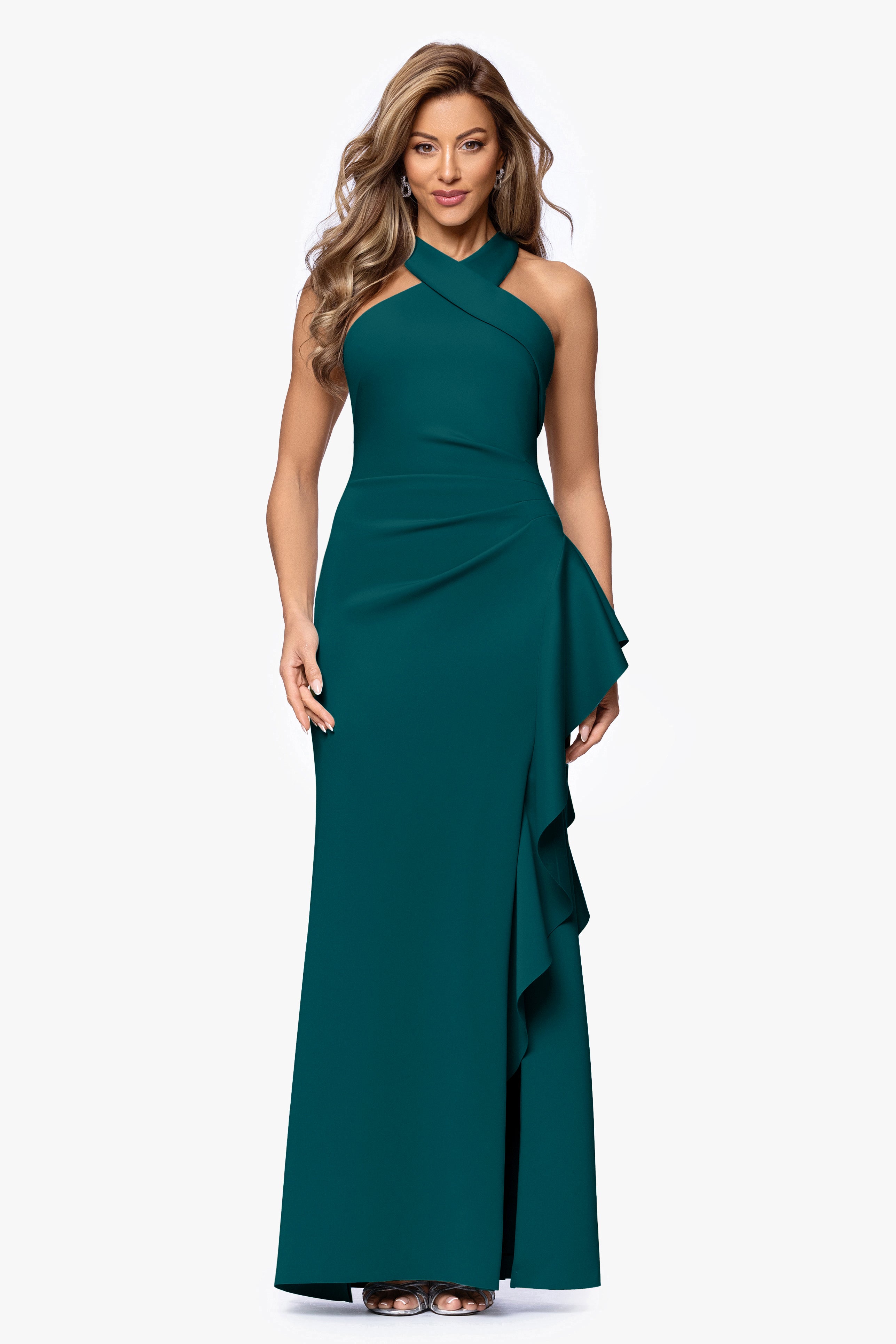 Petite "Gigi" Techno Scuba Cross Neck Ruffle Floor Length Dress