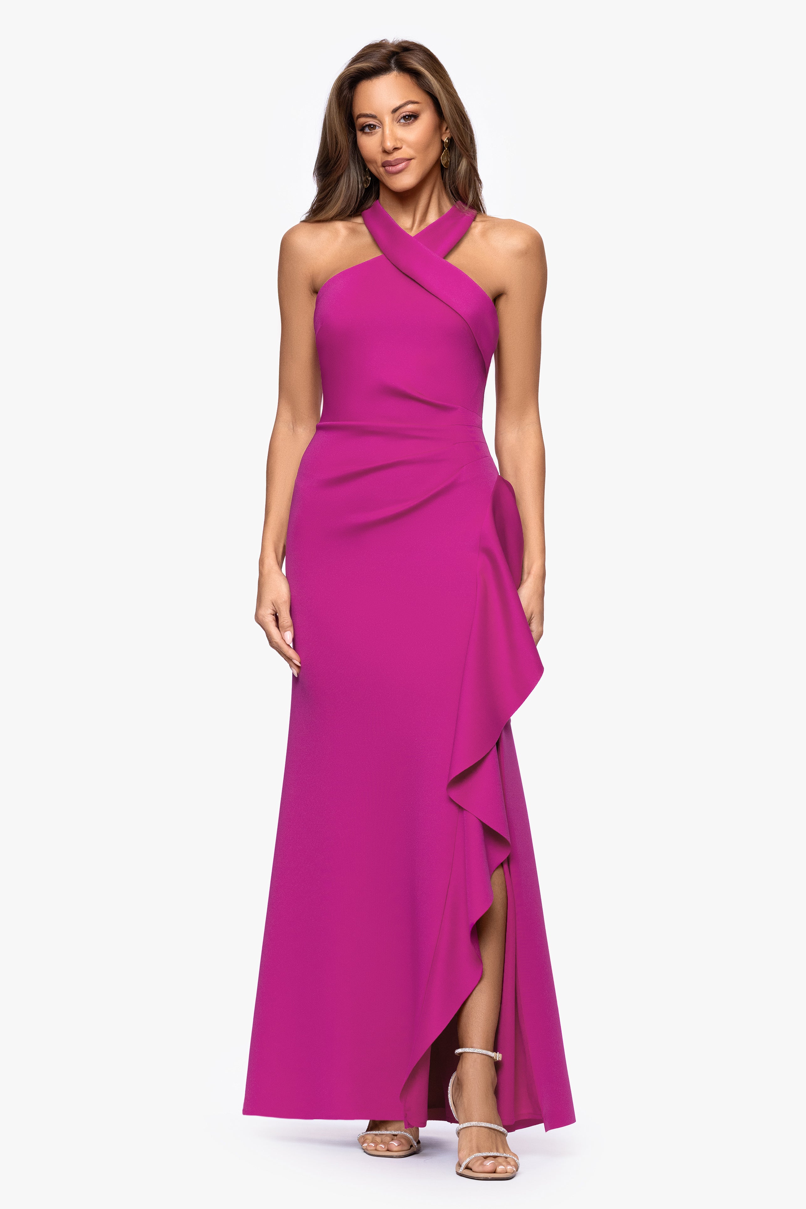 Petite "Gigi" Scuba Cross Neck Ruffle Floor Length Dress