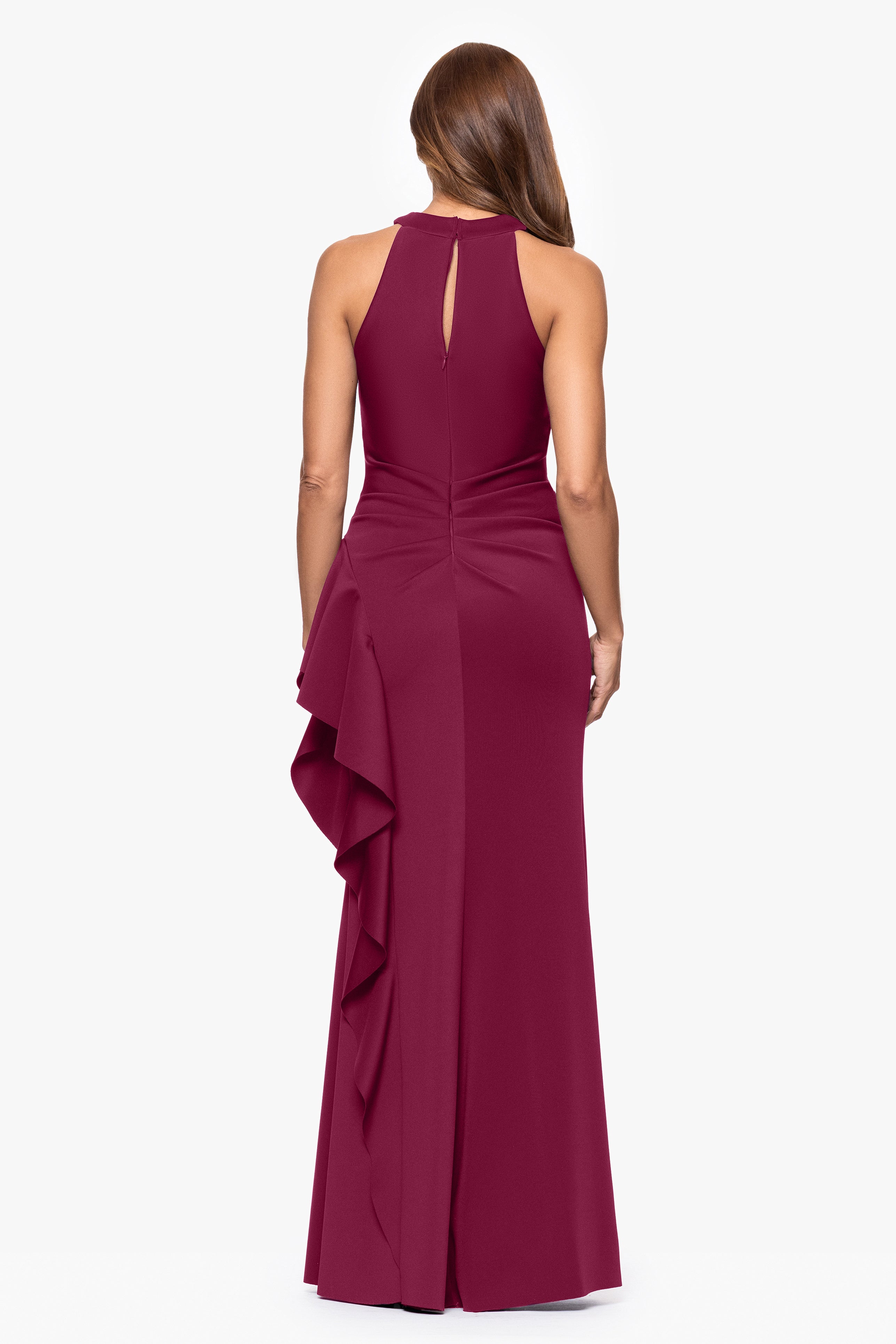 Petite "Gigi" Techno Scuba Cross Neck Ruffle Floor Length Dress