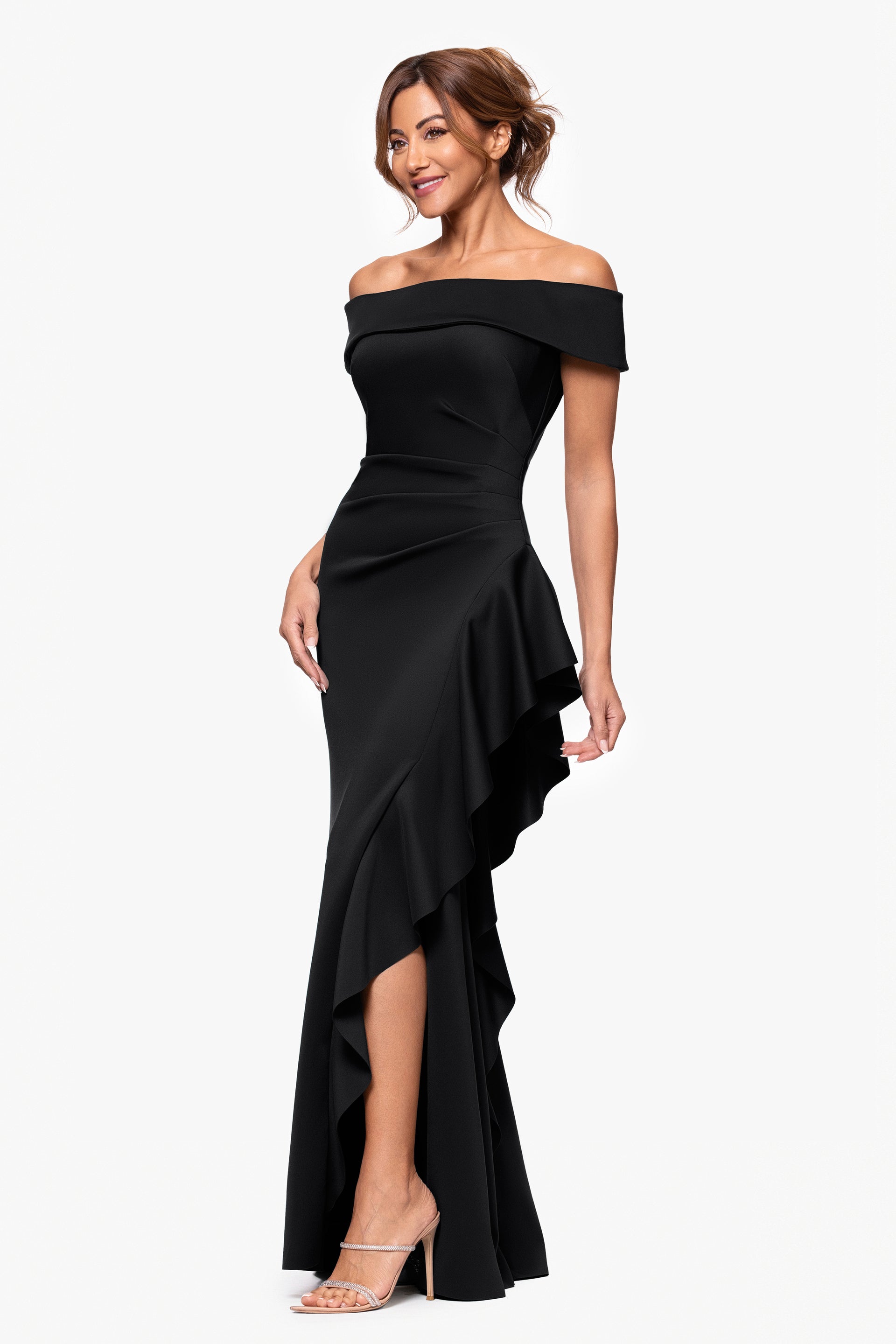 Petite "Dolly" Techno Scuba Off Shoulder Ruffle Dress