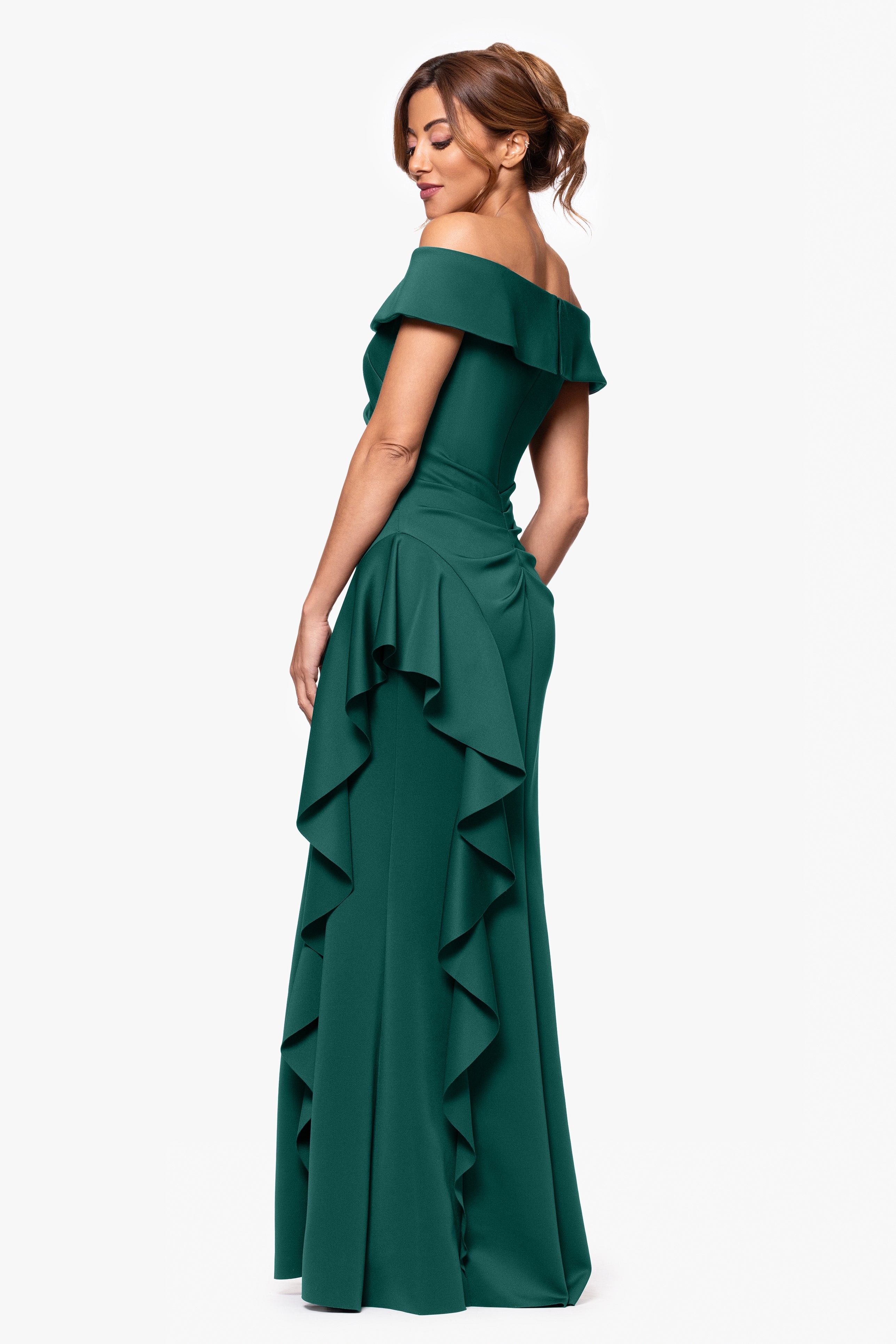 Petite "Dolly" Techno Scuba Off the Shoulder Ruffle Floor Length Dress