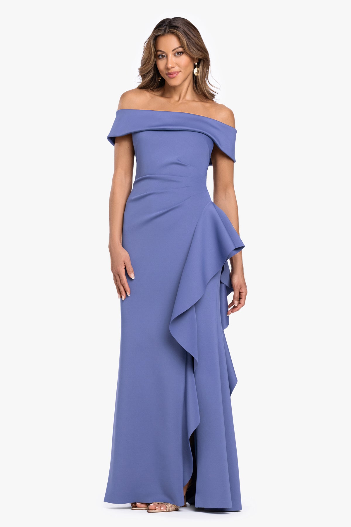 "Dolly" Techno Scuba Off the Shoulder Ruffle Dress