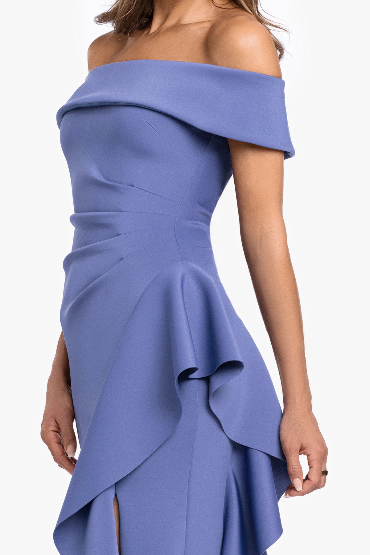 "Dolly" Techno Scuba Off the Shoulder Ruffle Dress