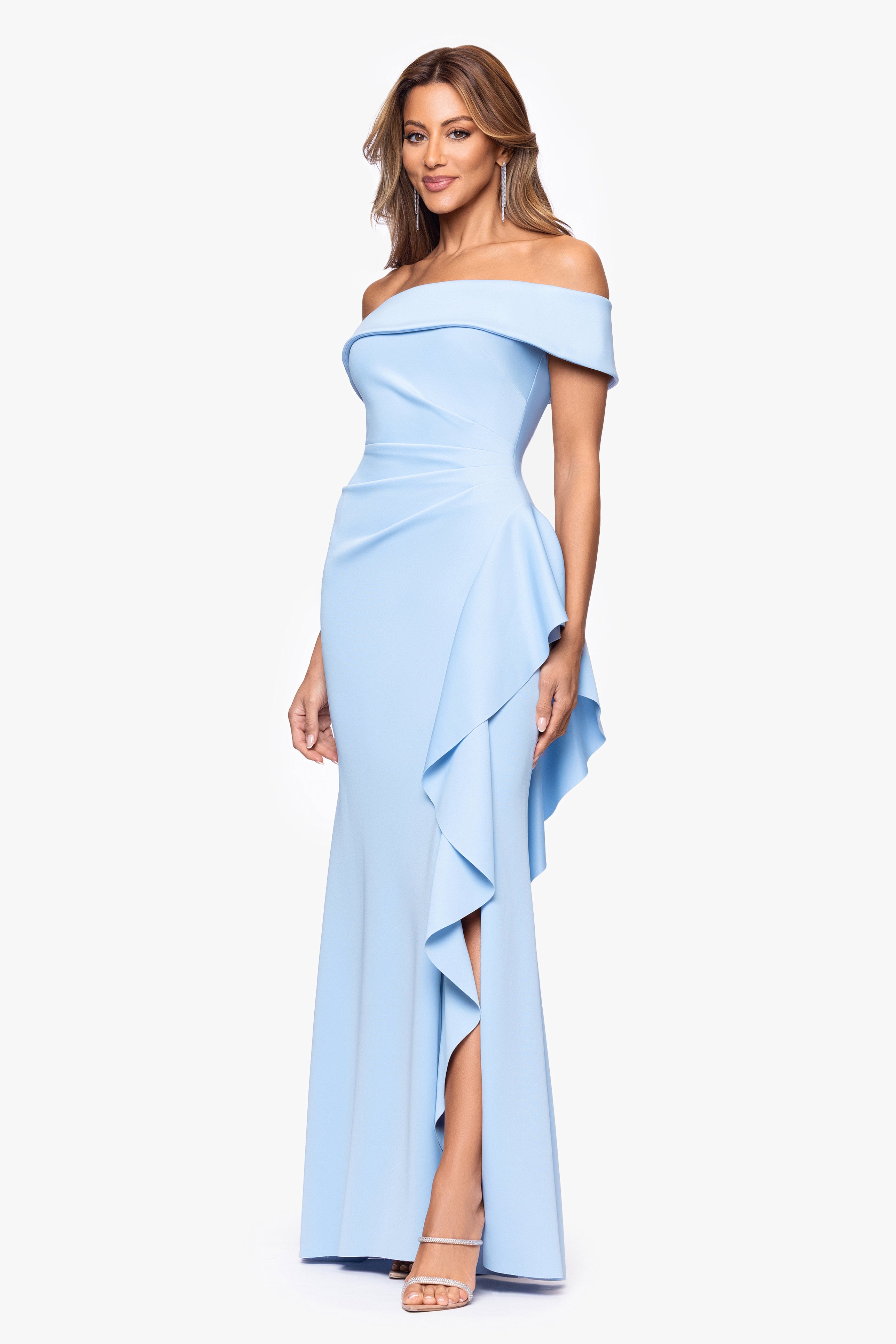 "Dolly" Techno Scuba Off the Shoulder Ruffle Floor Length Dress