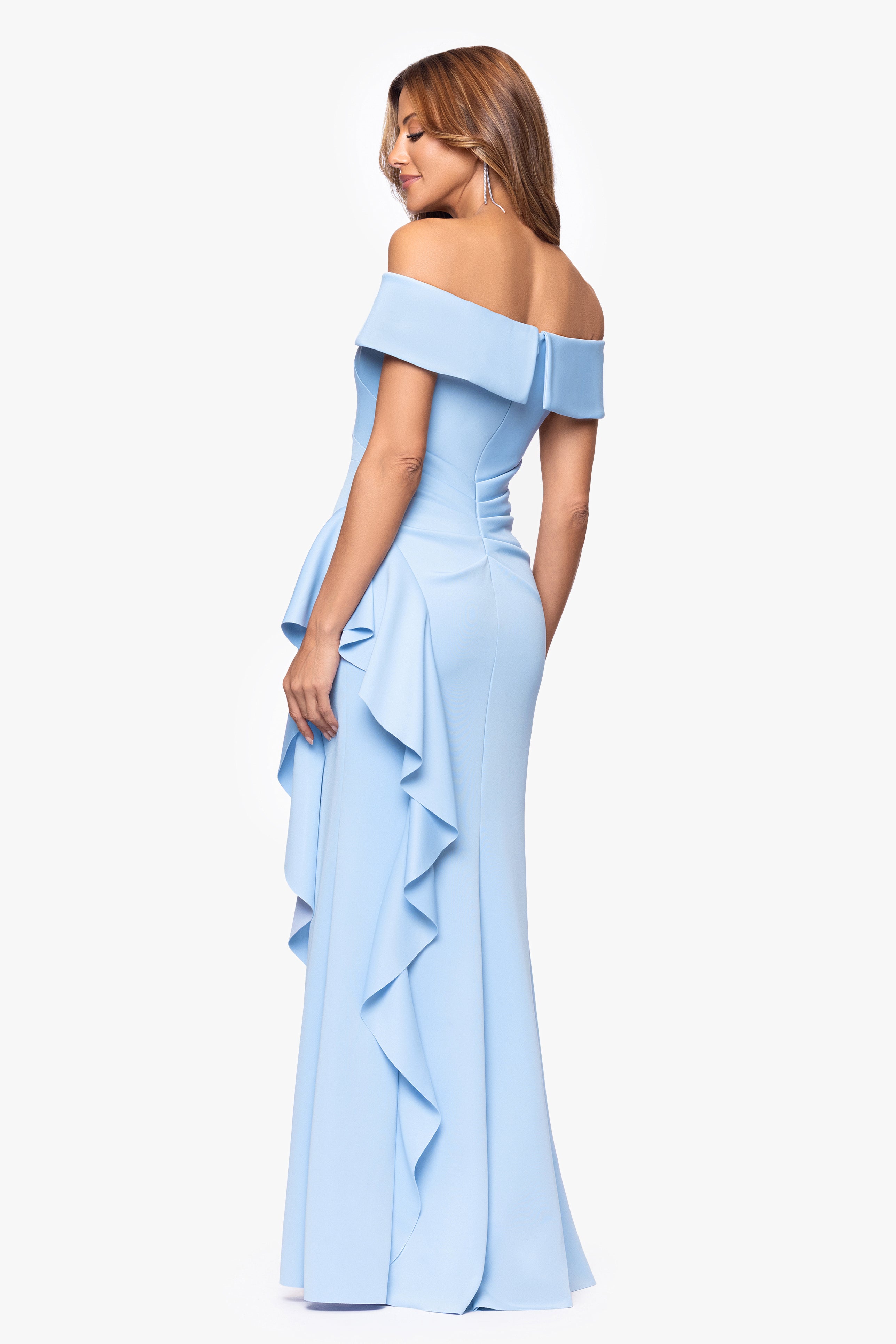 "Dolly" Techno Scuba Off the Shoulder Ruffle Floor Length Dress