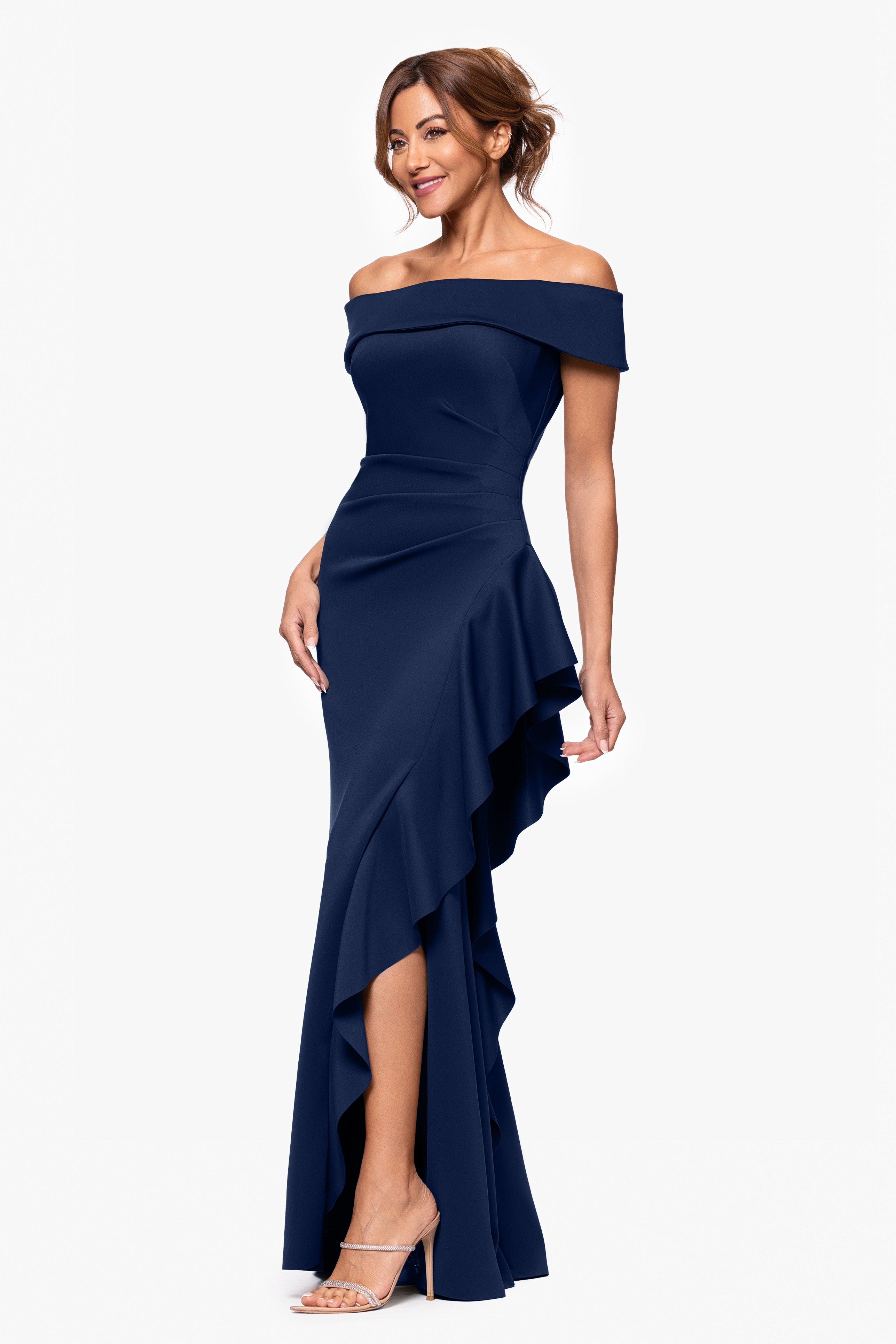 Petite "Dolly" Techno Scuba Off the Shoulder Ruffle Floor Length Dress