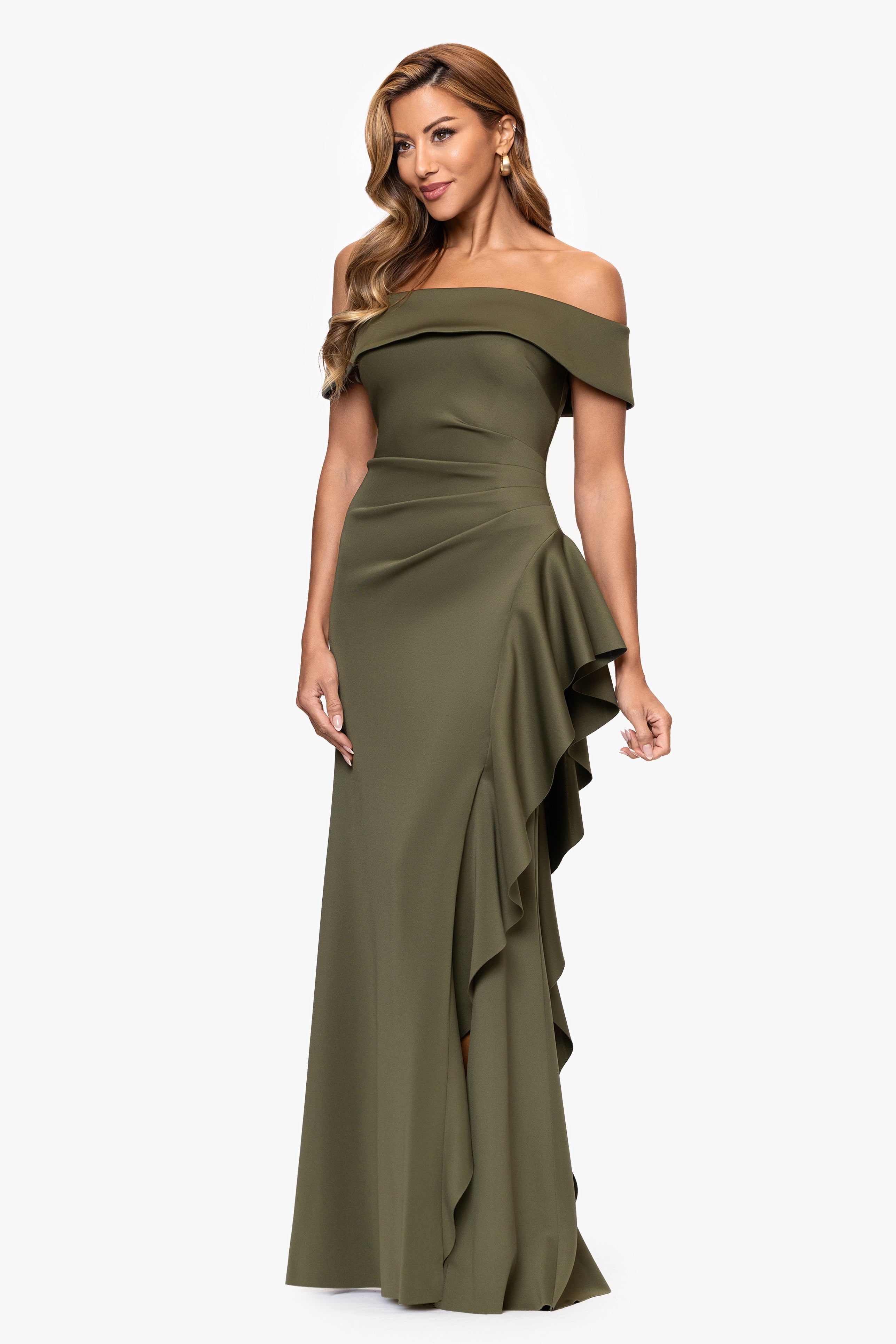 "Dolly" Techno Scuba Off the Shoulder Ruffle Floor Length Dress