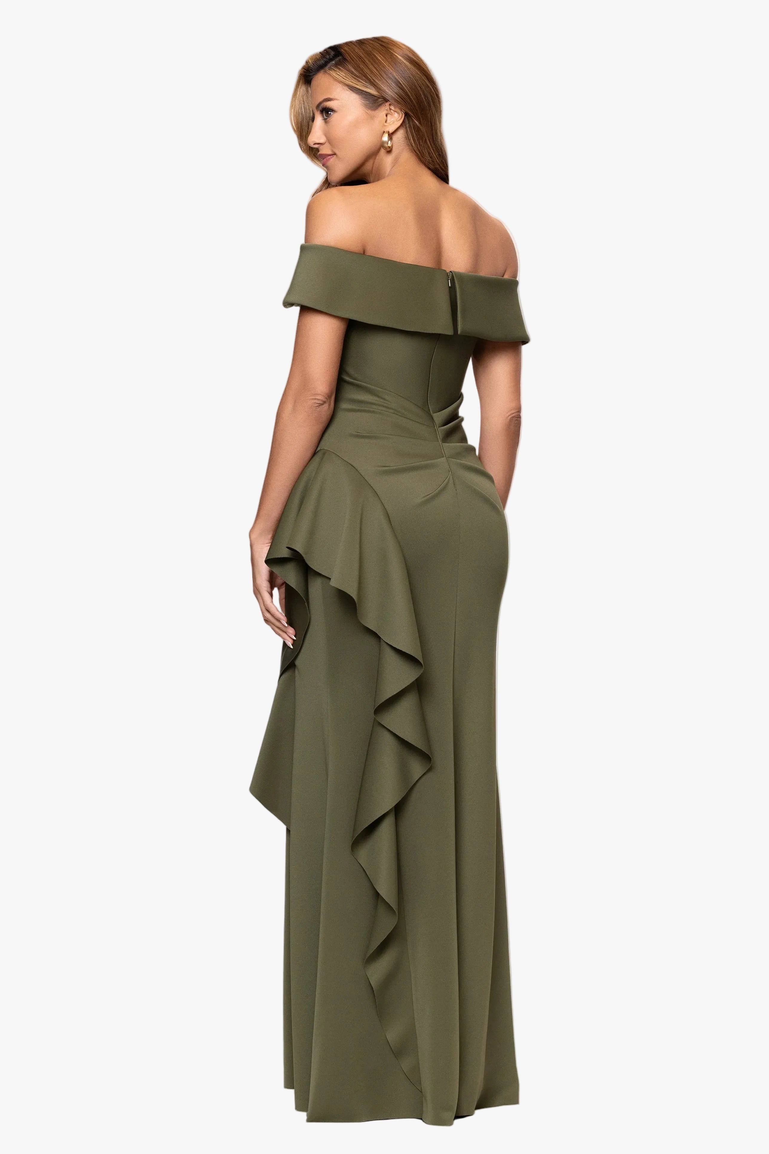 "Dolly" Techno Scuba Off the Shoulder Ruffle Floor Length Dress