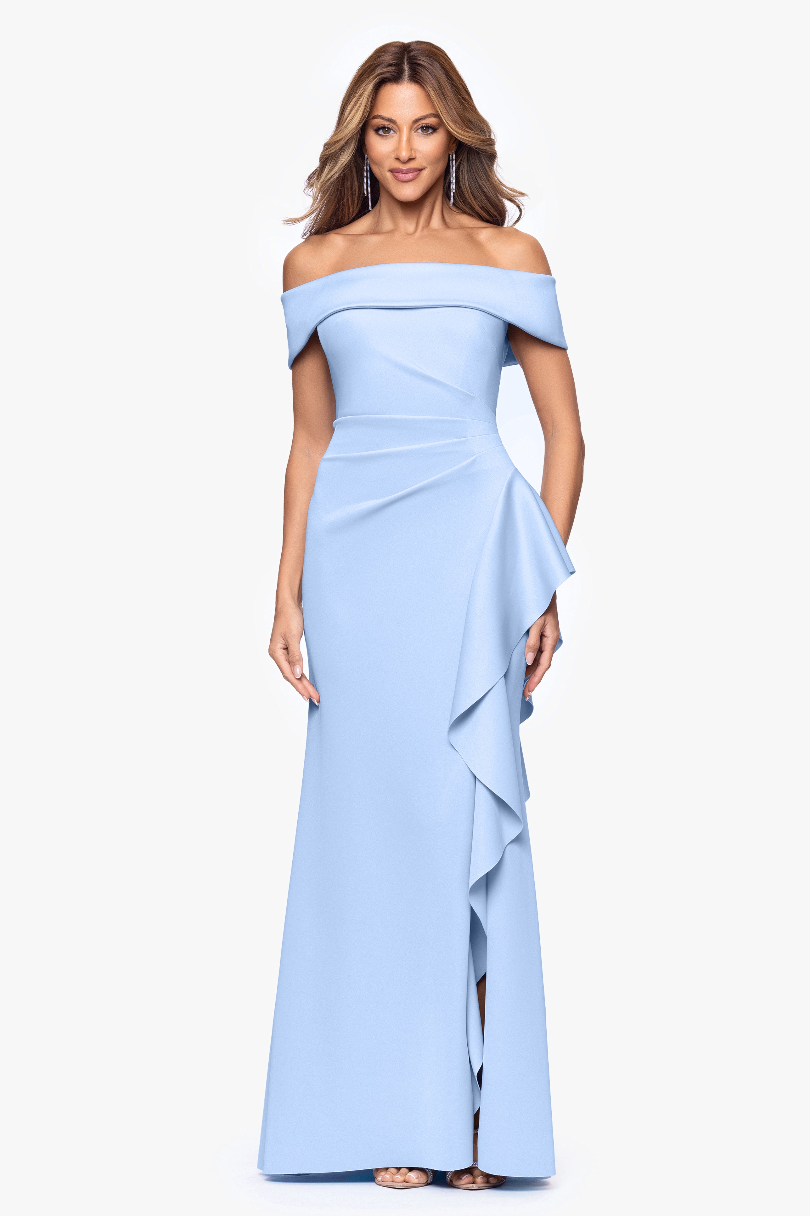 "Dolly" Techno Scuba Off the Shoulder Ruffle Floor Length Dress