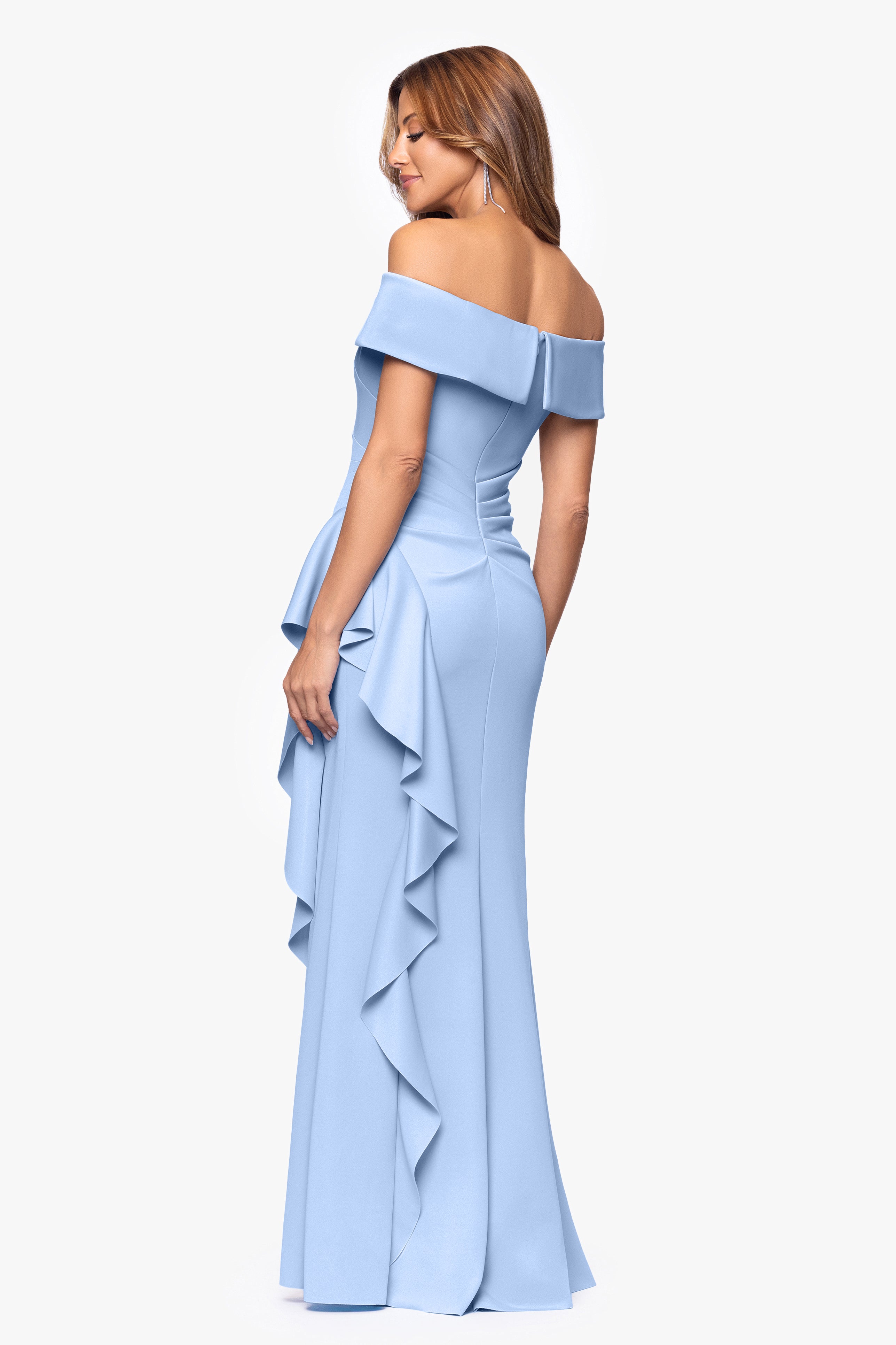 "Dolly" Techno Scuba Off the Shoulder Ruffle Floor Length Dress