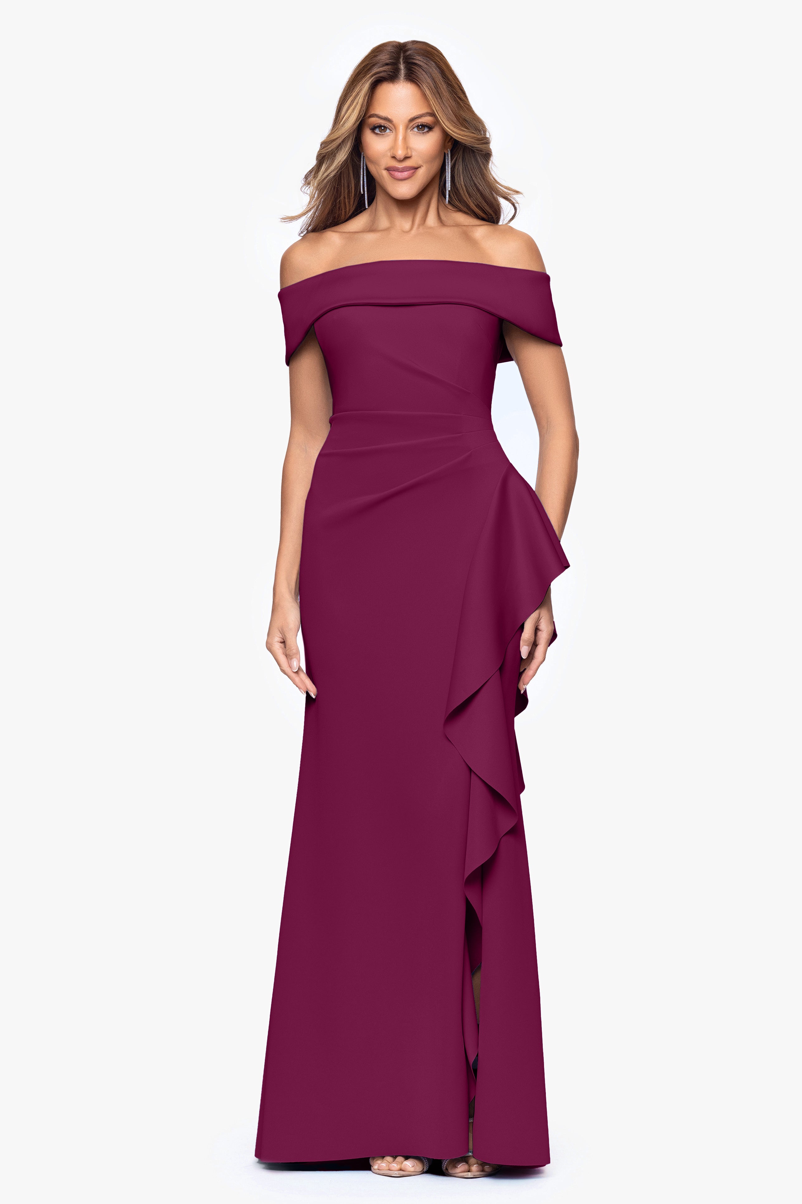 Petite "Dolly" Techno Scuba Off The Shoulder Ruffle Dress