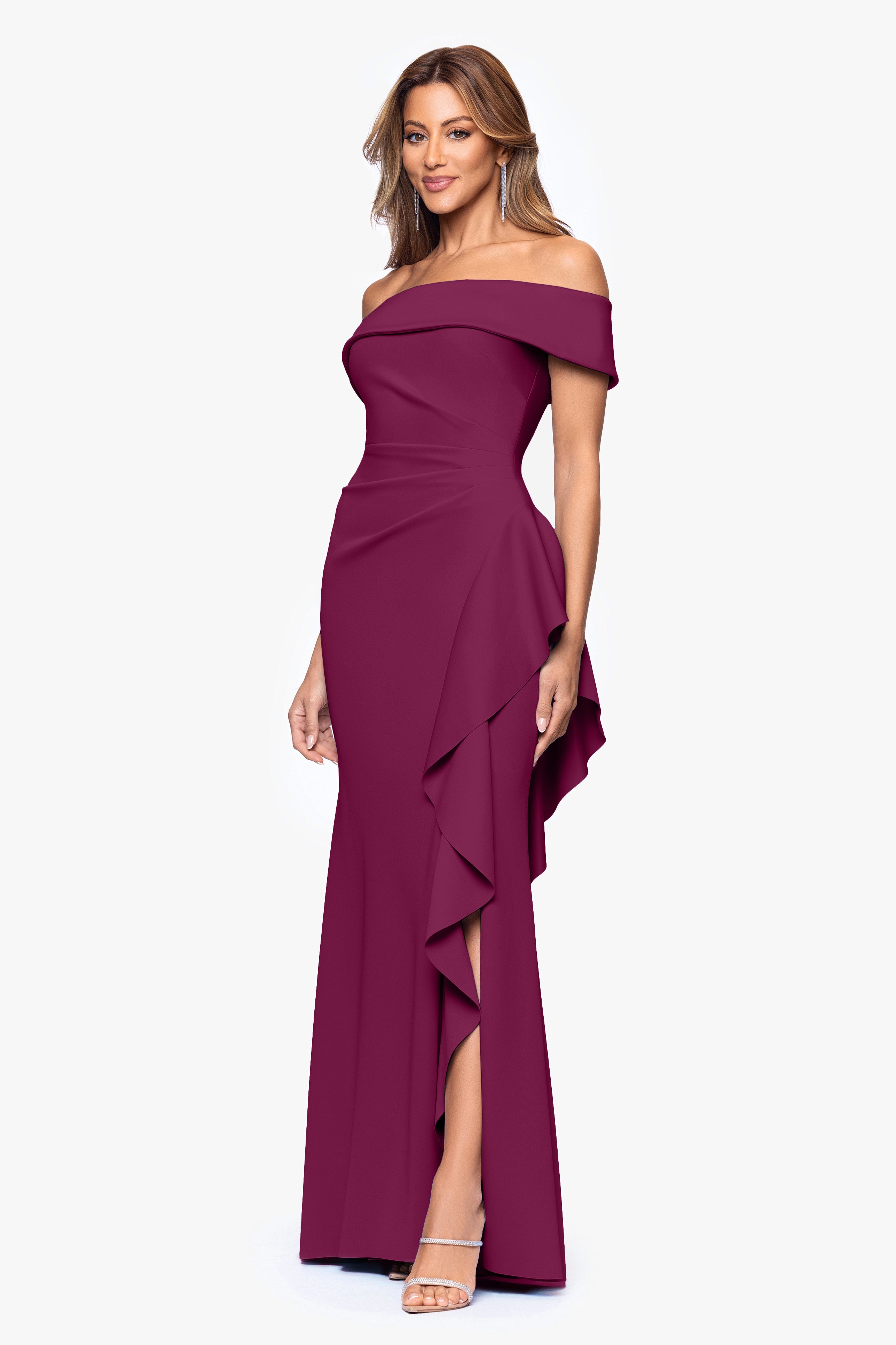 Petite "Dolly" Techno Scuba Off The Shoulder Ruffle Dress