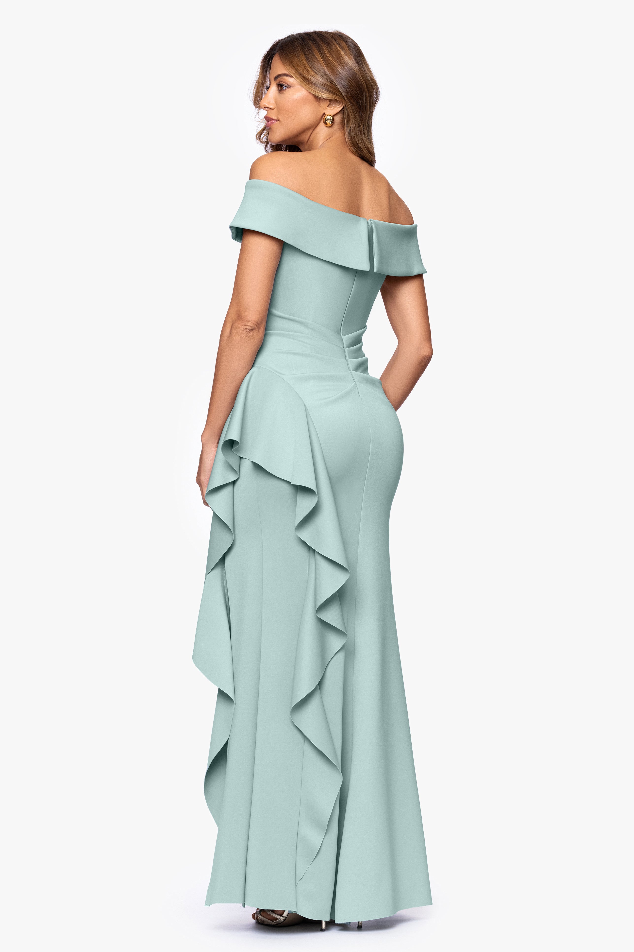 Petite "Dolly" Techno Scuba Off the Shoulder Ruffle Floor Length Dress