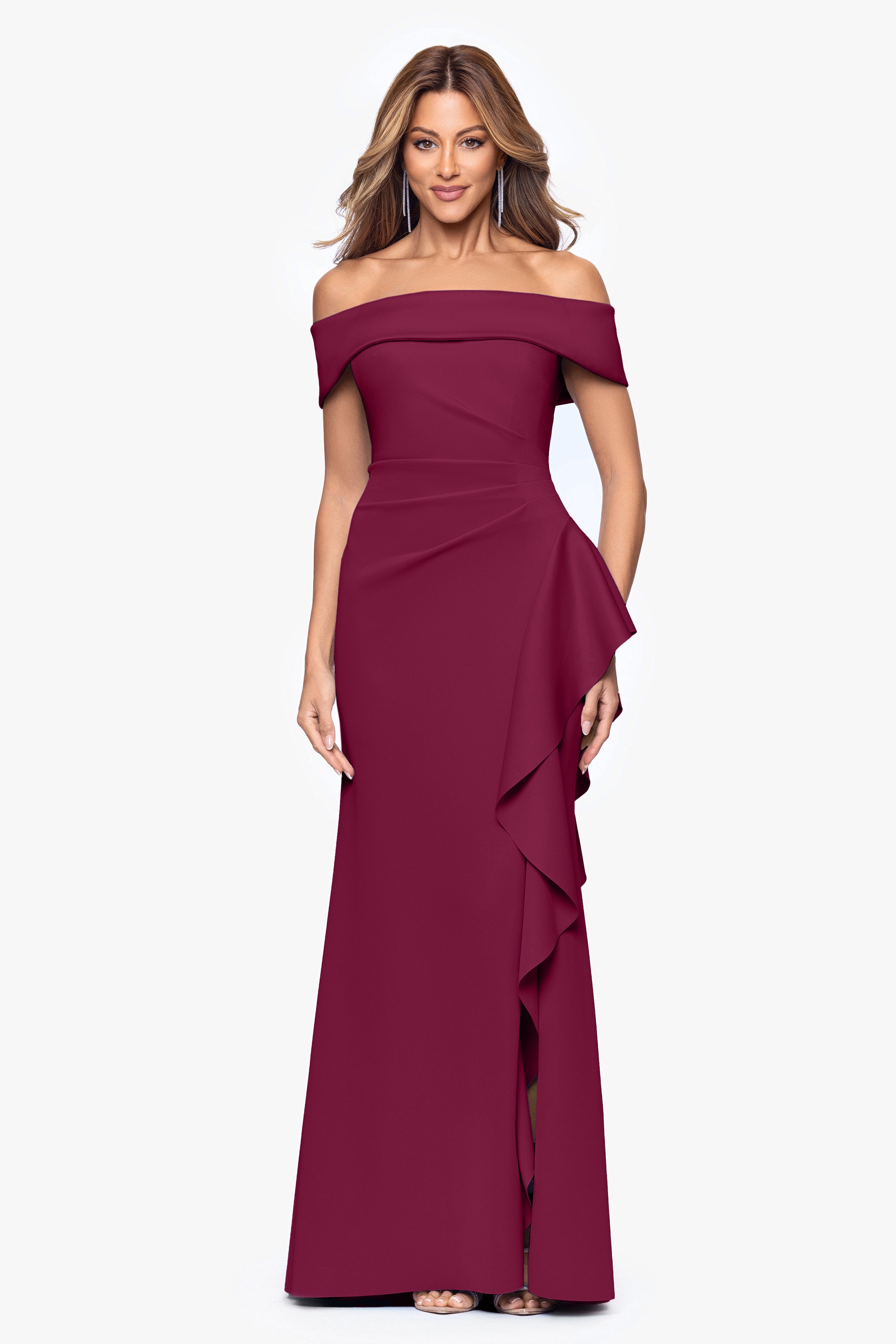 "Dolly" Techno Scuba Off the Shoulder Ruffle Floor Length Dress