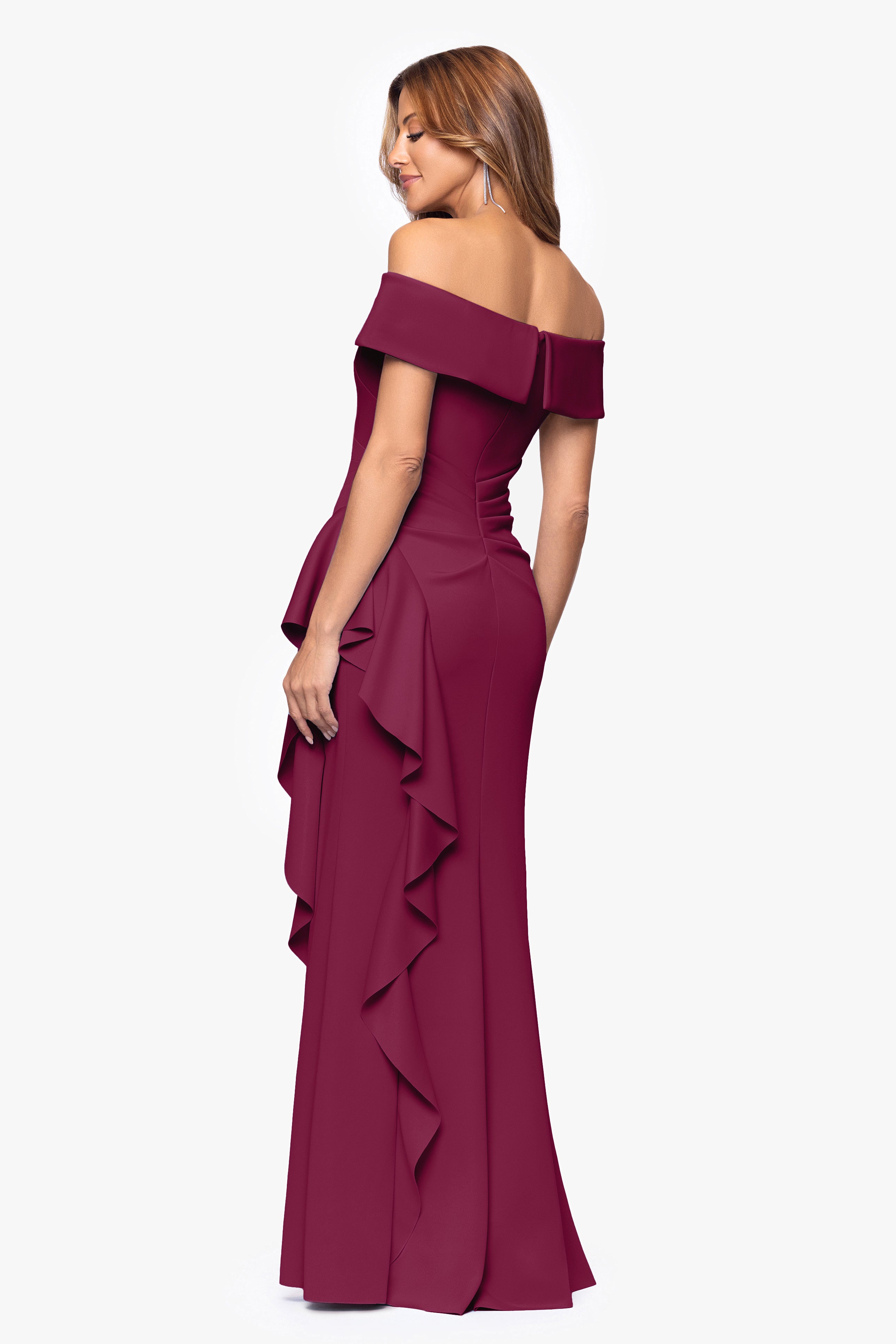 "Dolly" Techno Scuba Off the Shoulder Ruffle Floor Length Dress