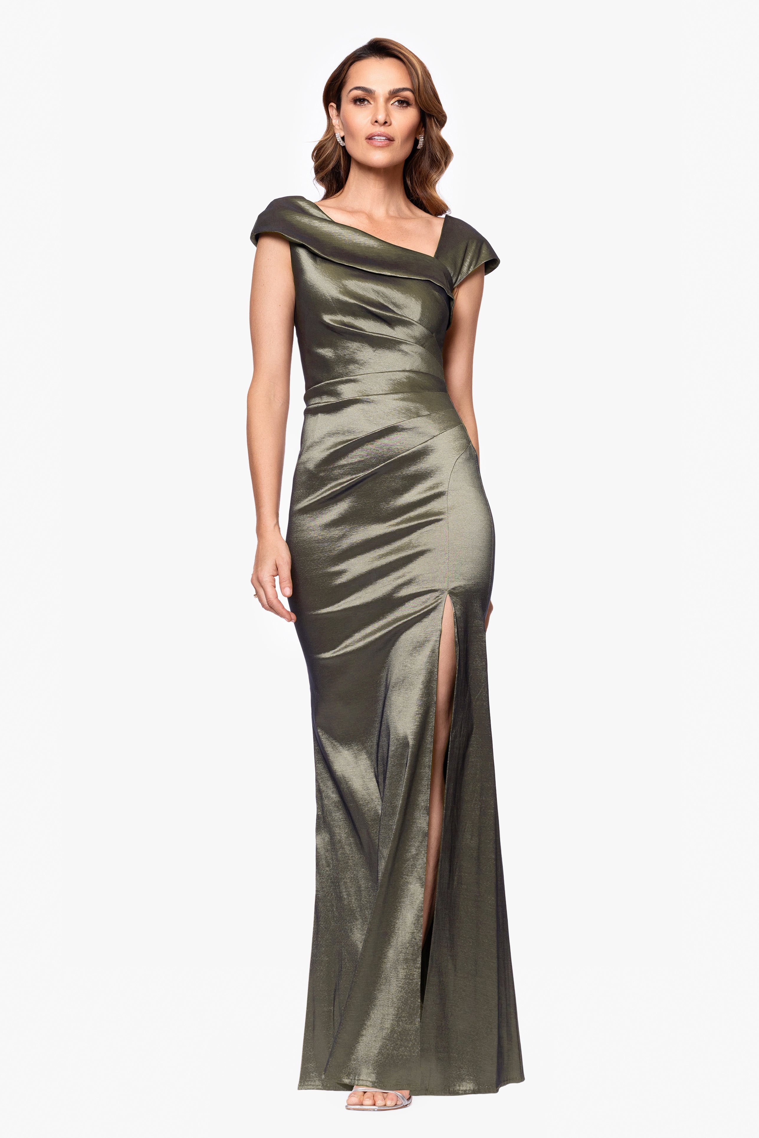 Petite "Paulina" Taffeta Short Sleeve Asymmetric Neckline Dress