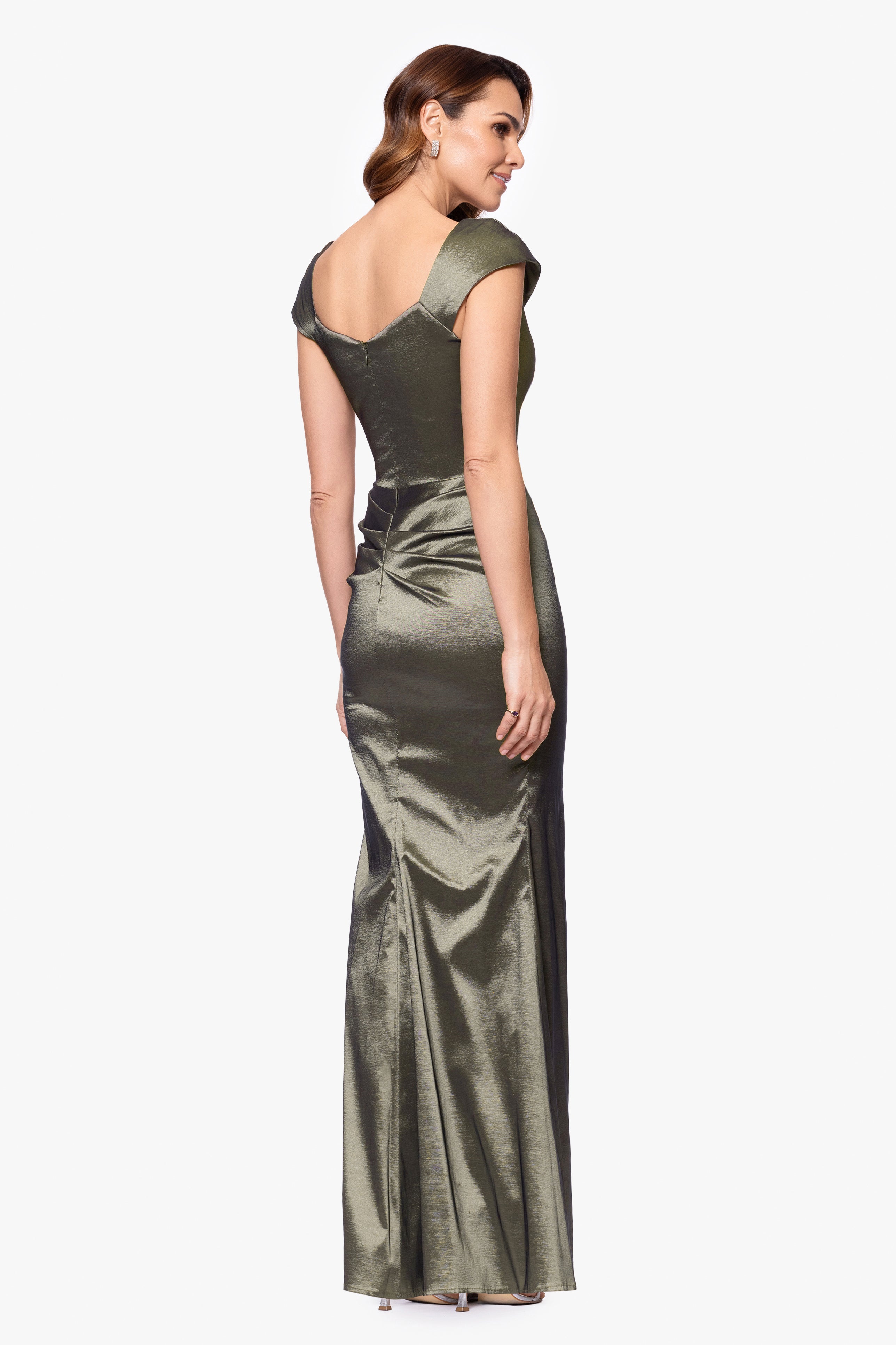 Petite "Paulina" Taffeta Short Sleeve Asymmetric Neckline Dress