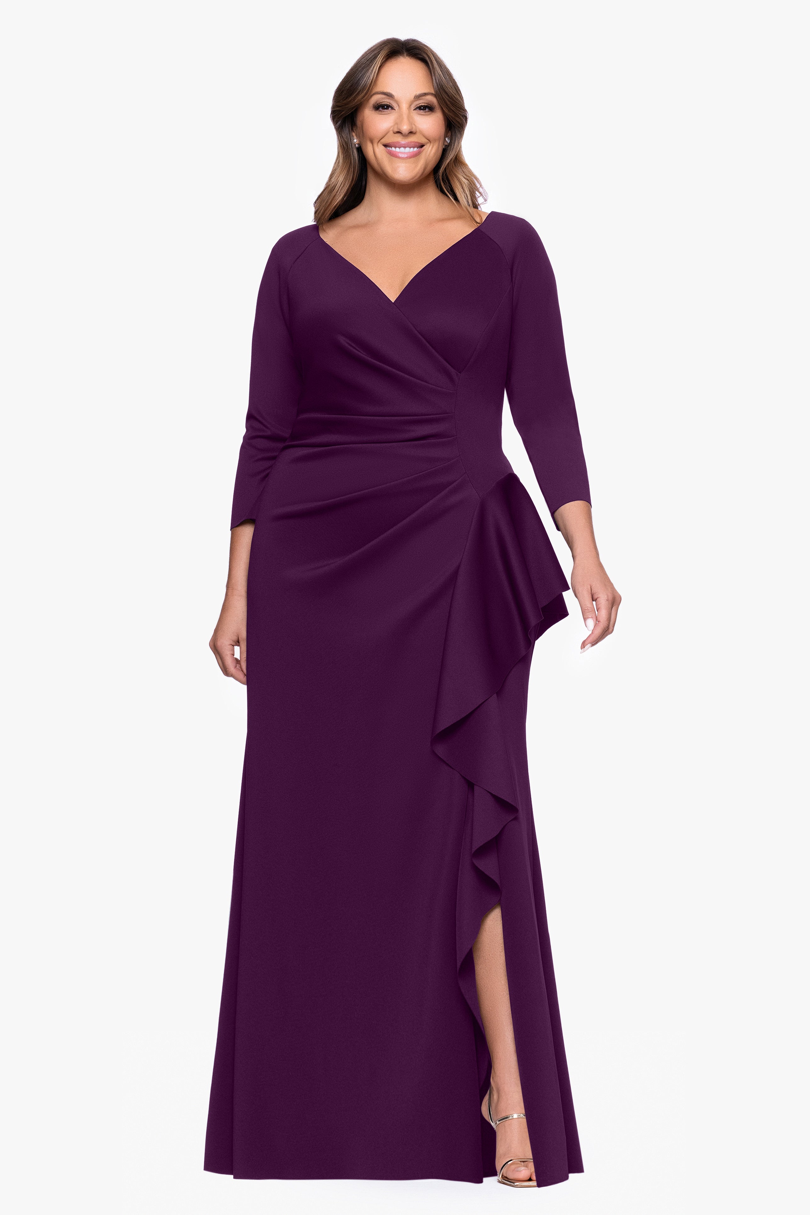 Plus "Amber" Techno Scuba 3/4 Sleeve V-Neck Ruffle Floor Length Dress