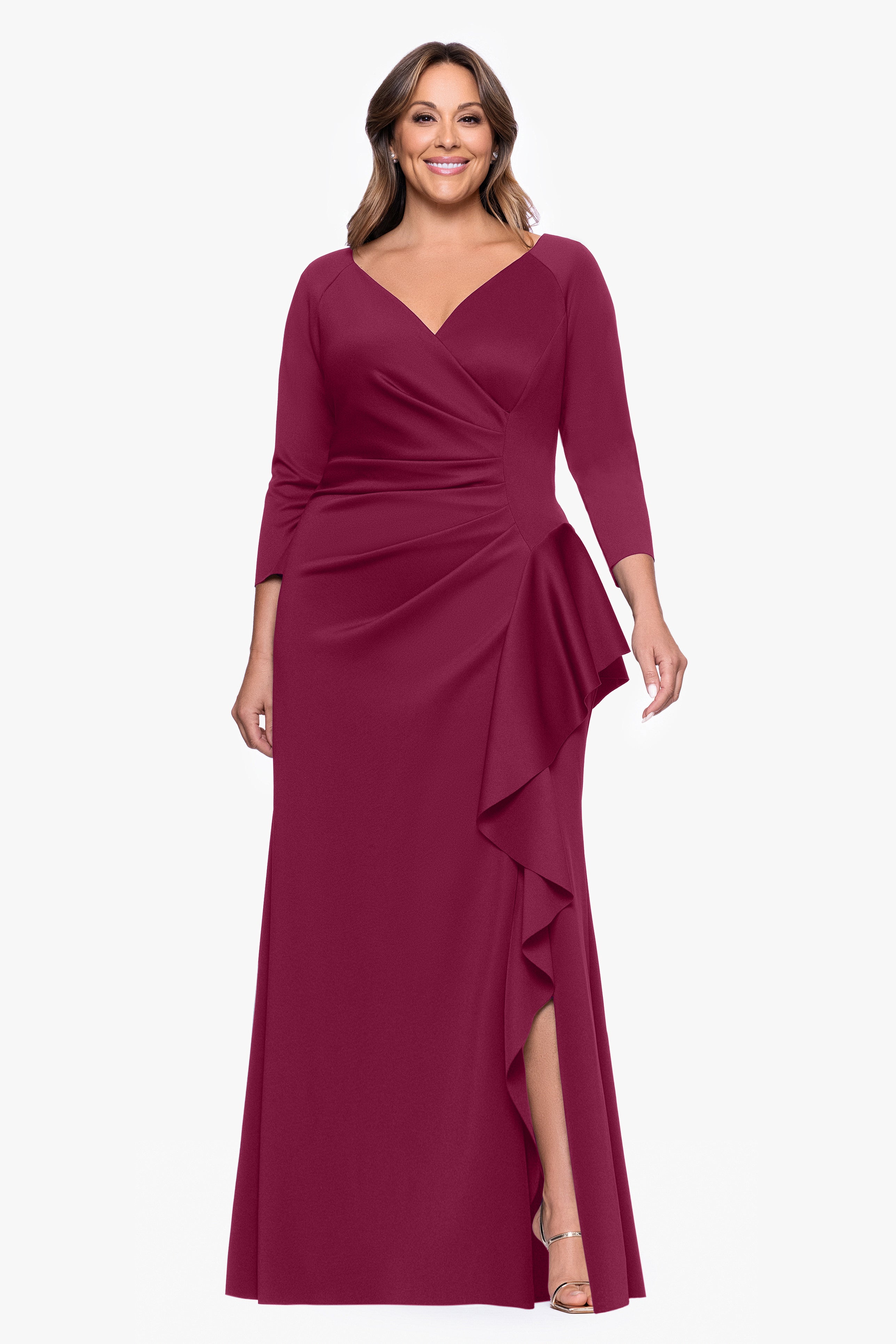 Plus "Amber" Techno Scuba 3/4 Sleeve V-Neck Ruffle Dress
