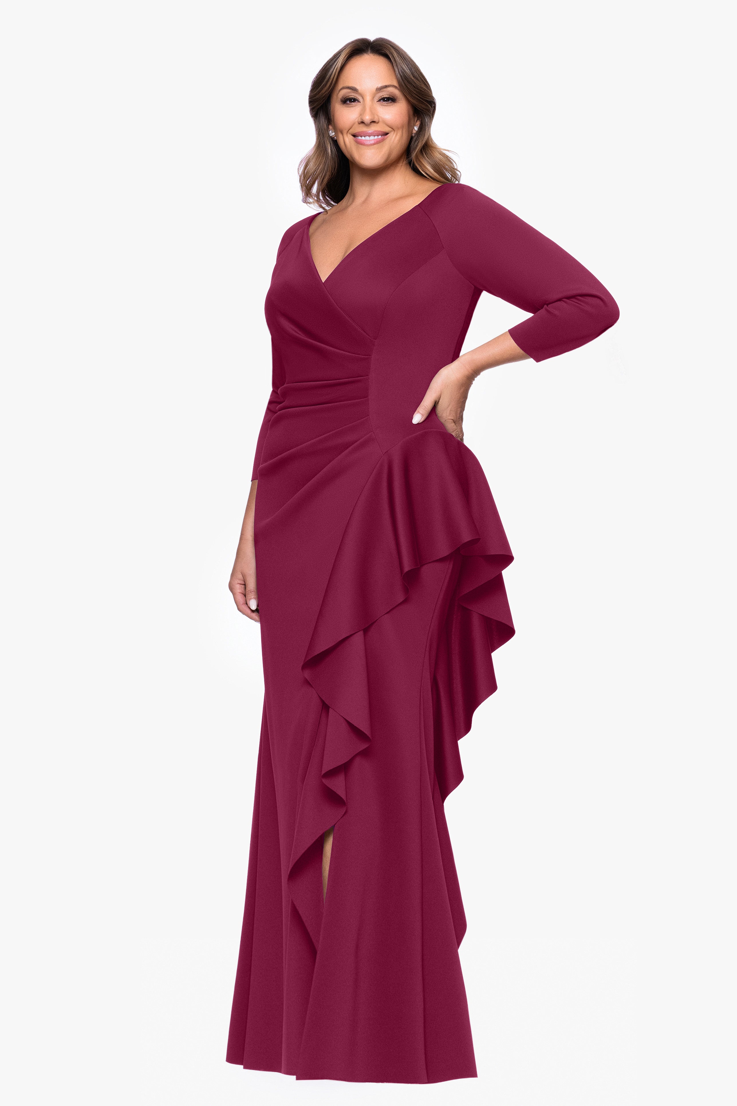 Plus "Amber" Techno Scuba 3/4 Sleeve V-Neck Ruffle Dress