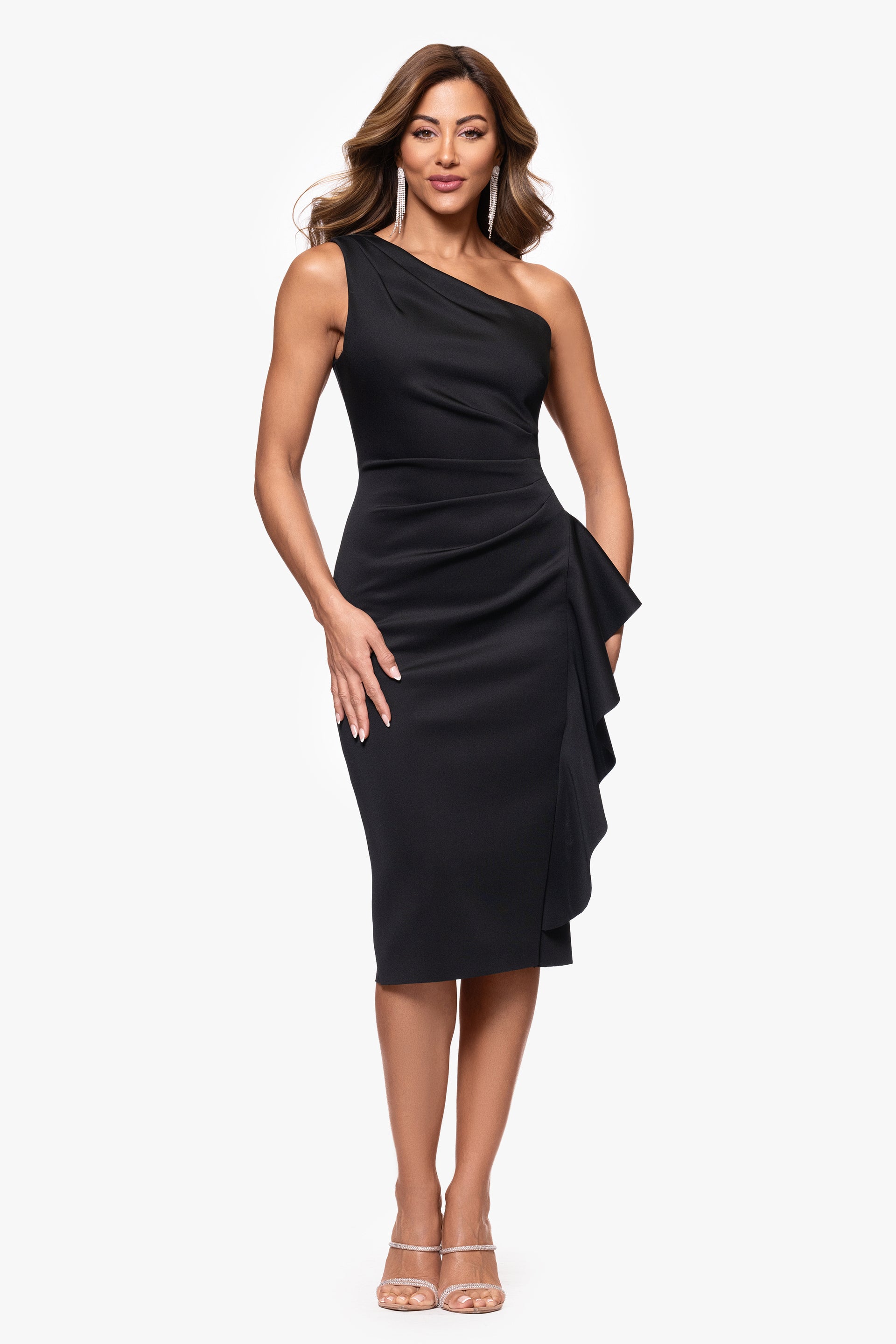"Carrie" Techno Scuba One Shoulder Ruffle Dress