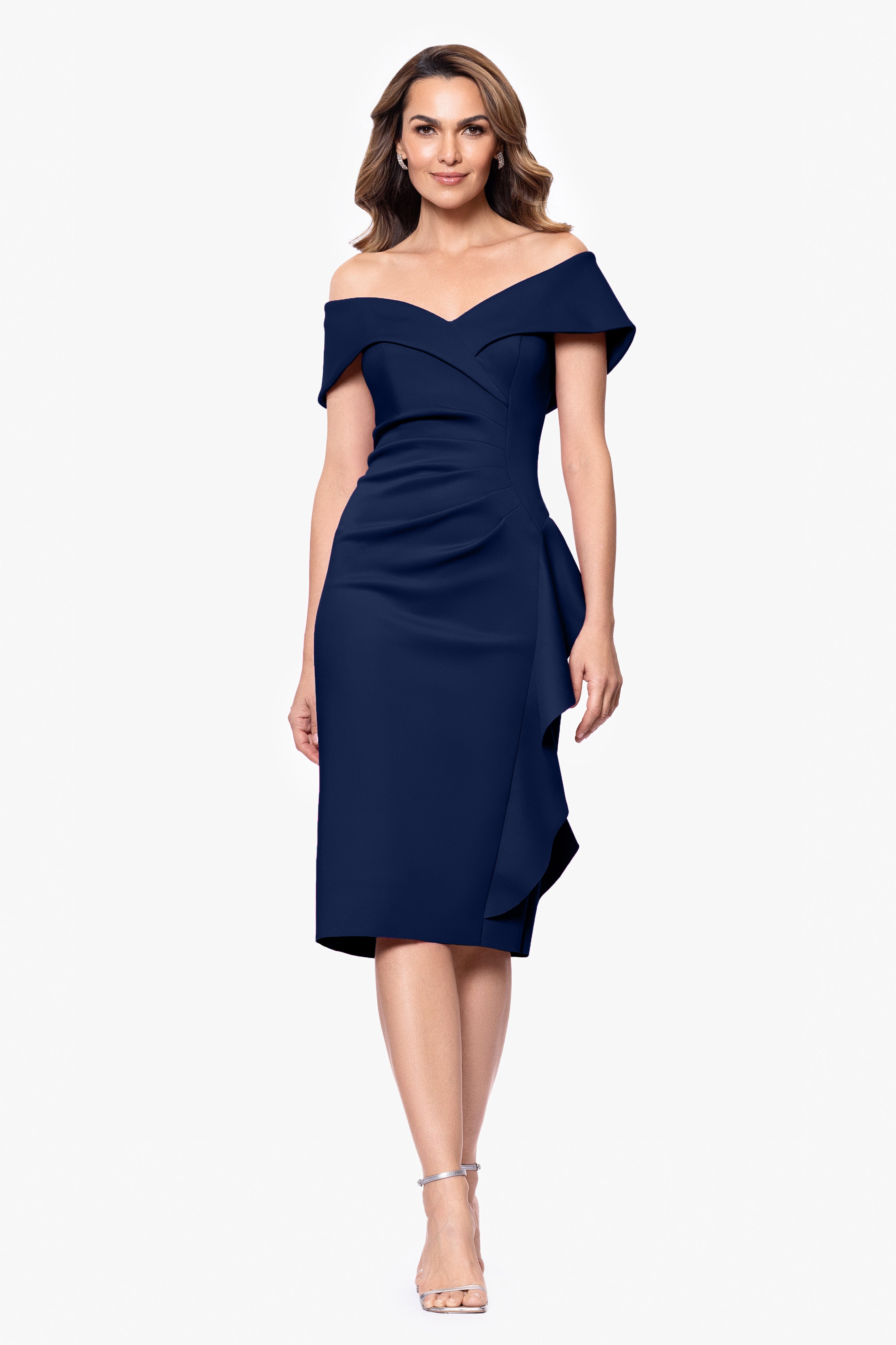 "Meryl" Techno Scuba Off the Shoulder Ruffle Knee Length Dress