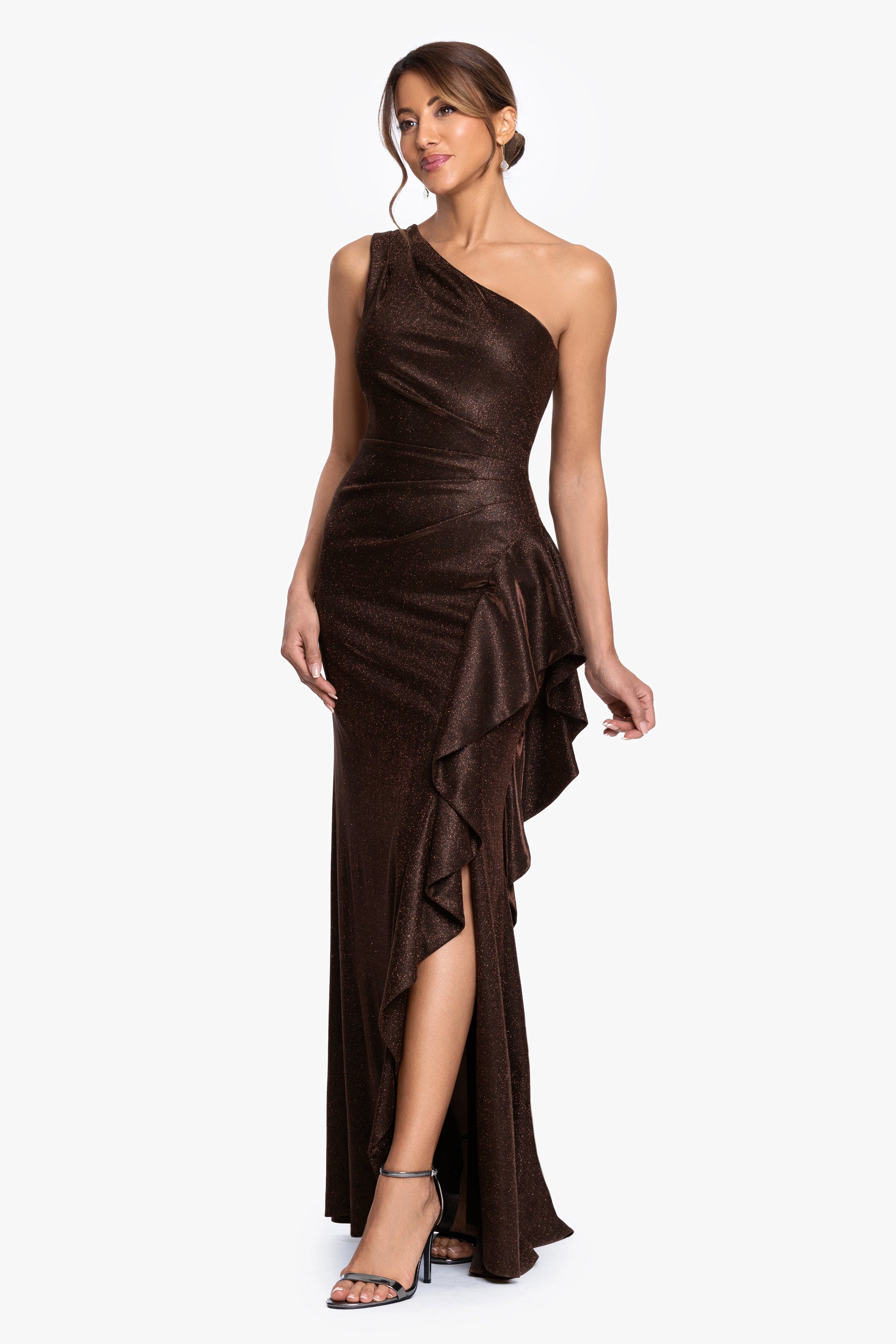 "Shannon" Galaxy Glitter One Shoulder Ruffle Dress