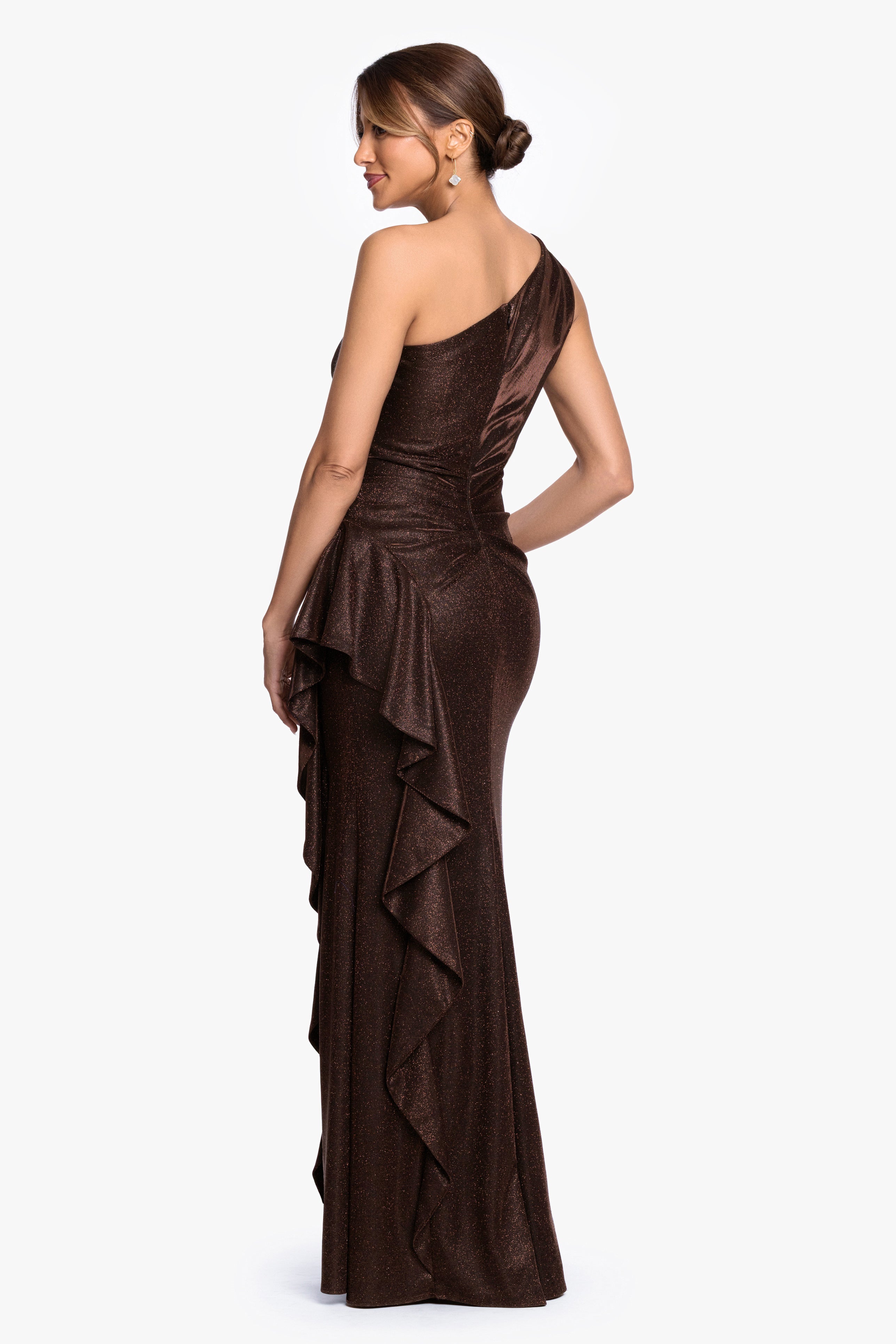 "Shannon" Galaxy Glitter One Shoulder Ruffle Dress