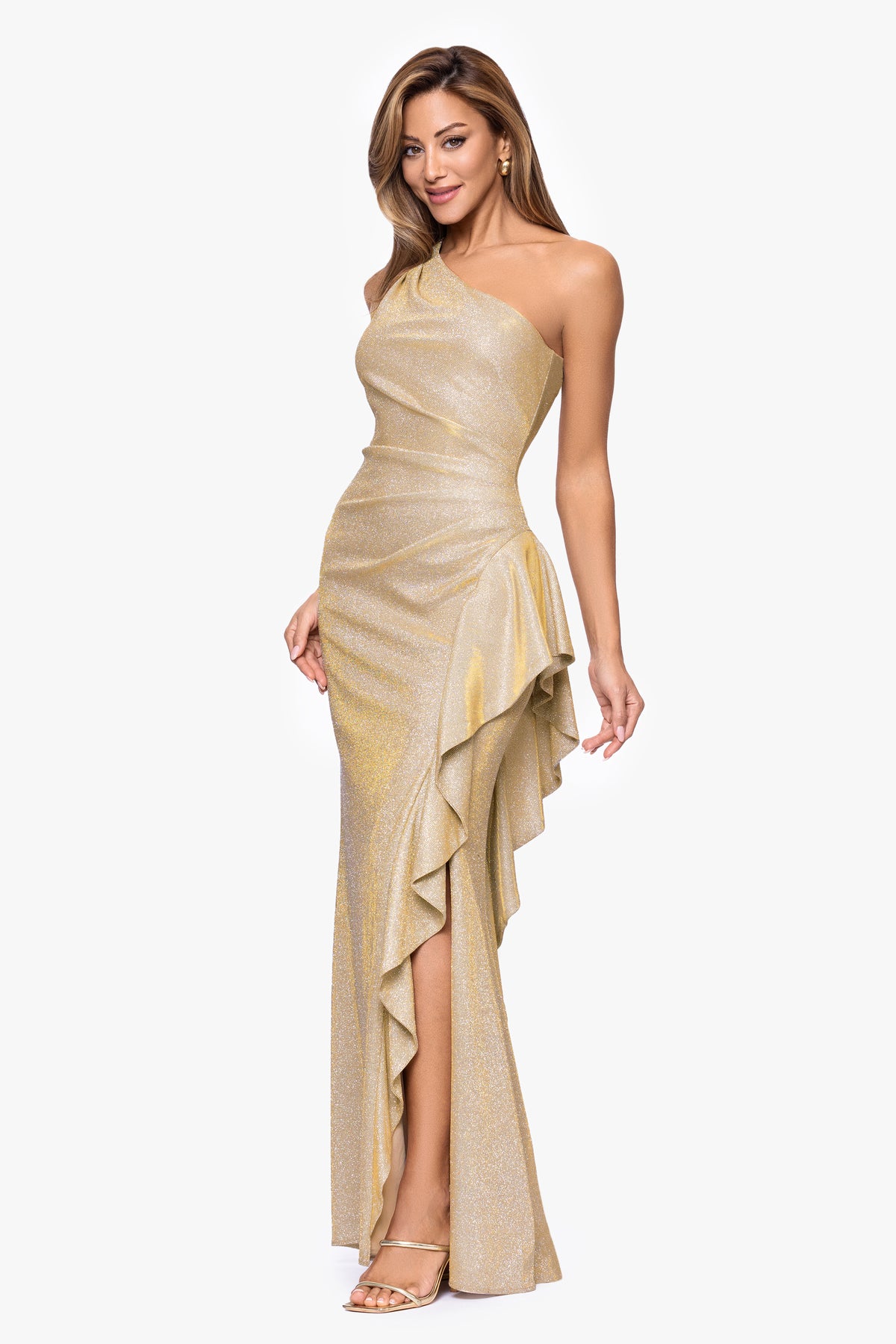 Petite "Shannon" Galaxy Glitter One Shoulder Ruffle Dress