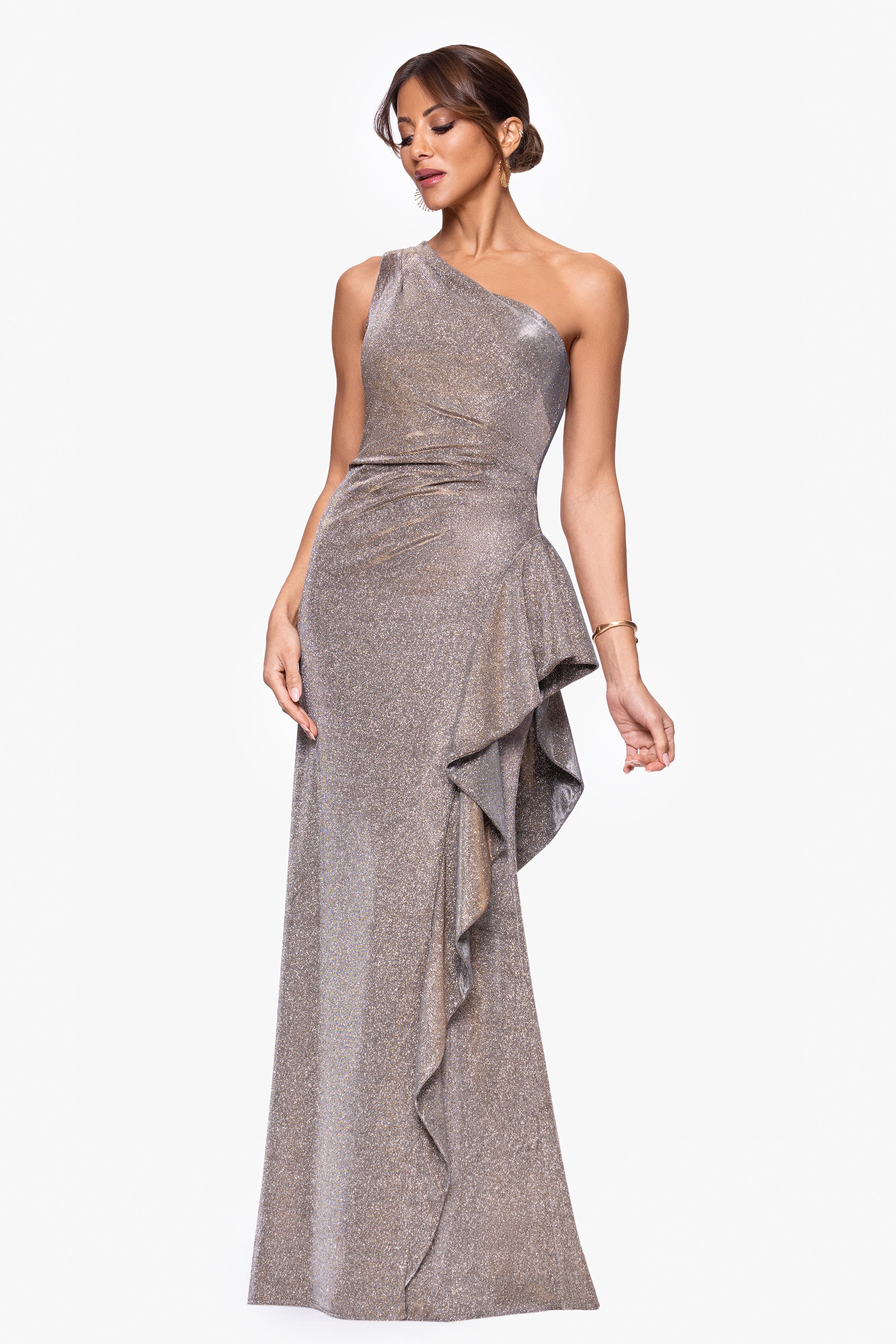"Shannon" Galaxy Glitter One Shoulder Ruffle Dress