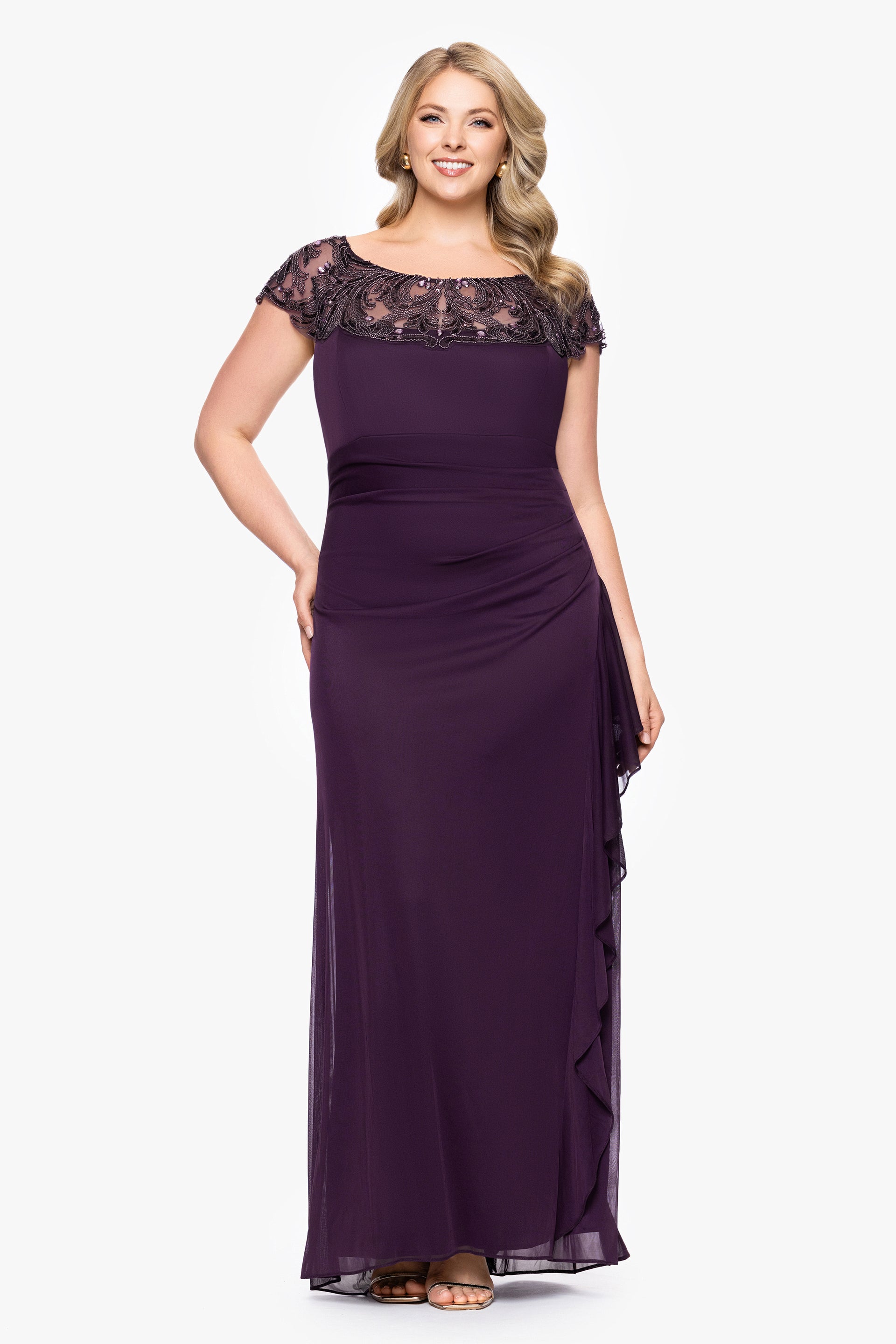Plus "Cathleen" Sheer Matte Jersey Beaded Neckline Dress