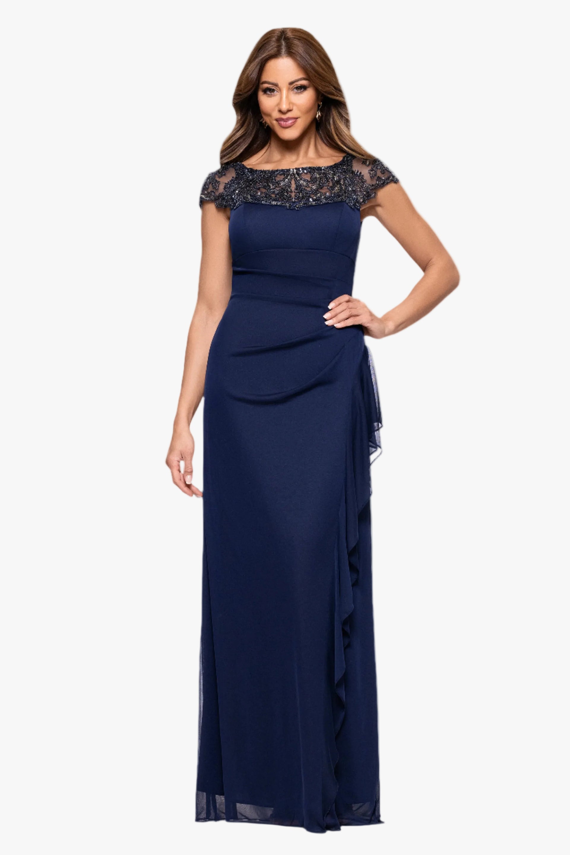 Petite "Cathleen" Sheer Matte Jersey Beaded Neckline Dress