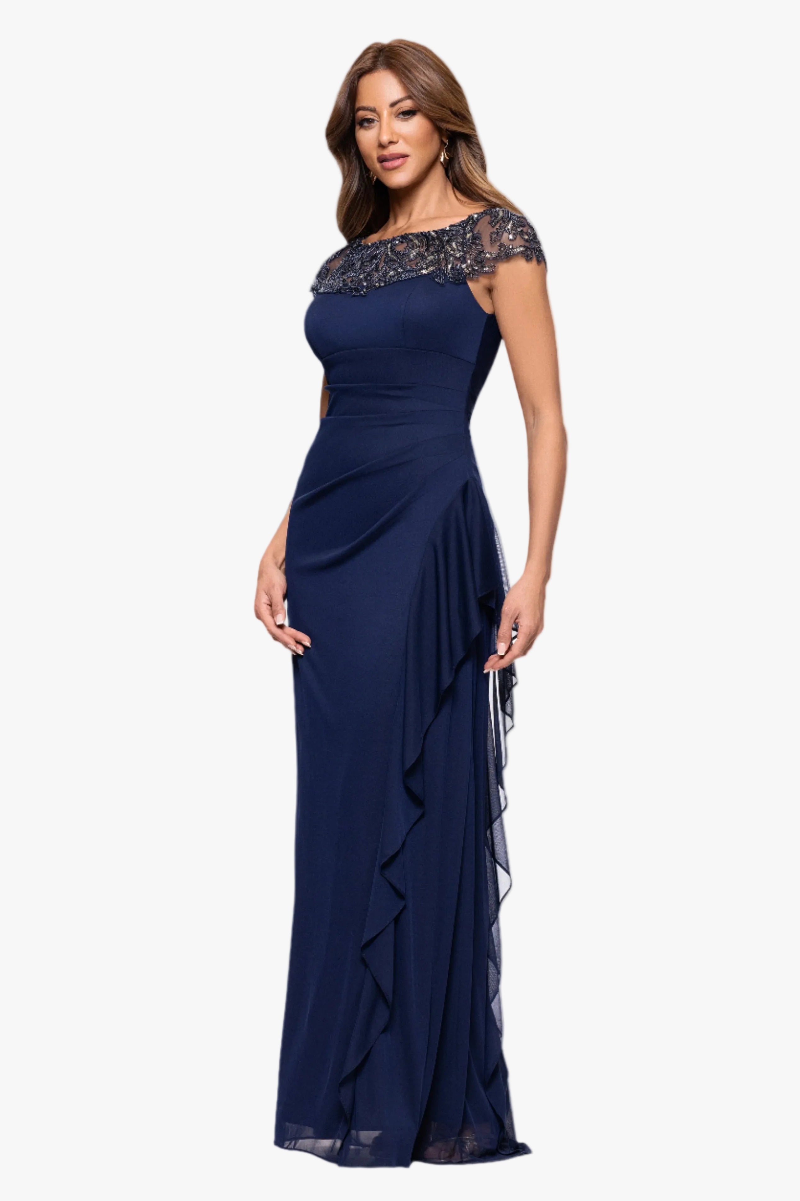 Petite "Cathleen" Sheer Matte Jersey Beaded Neckline Ruffle Floor Length Dress