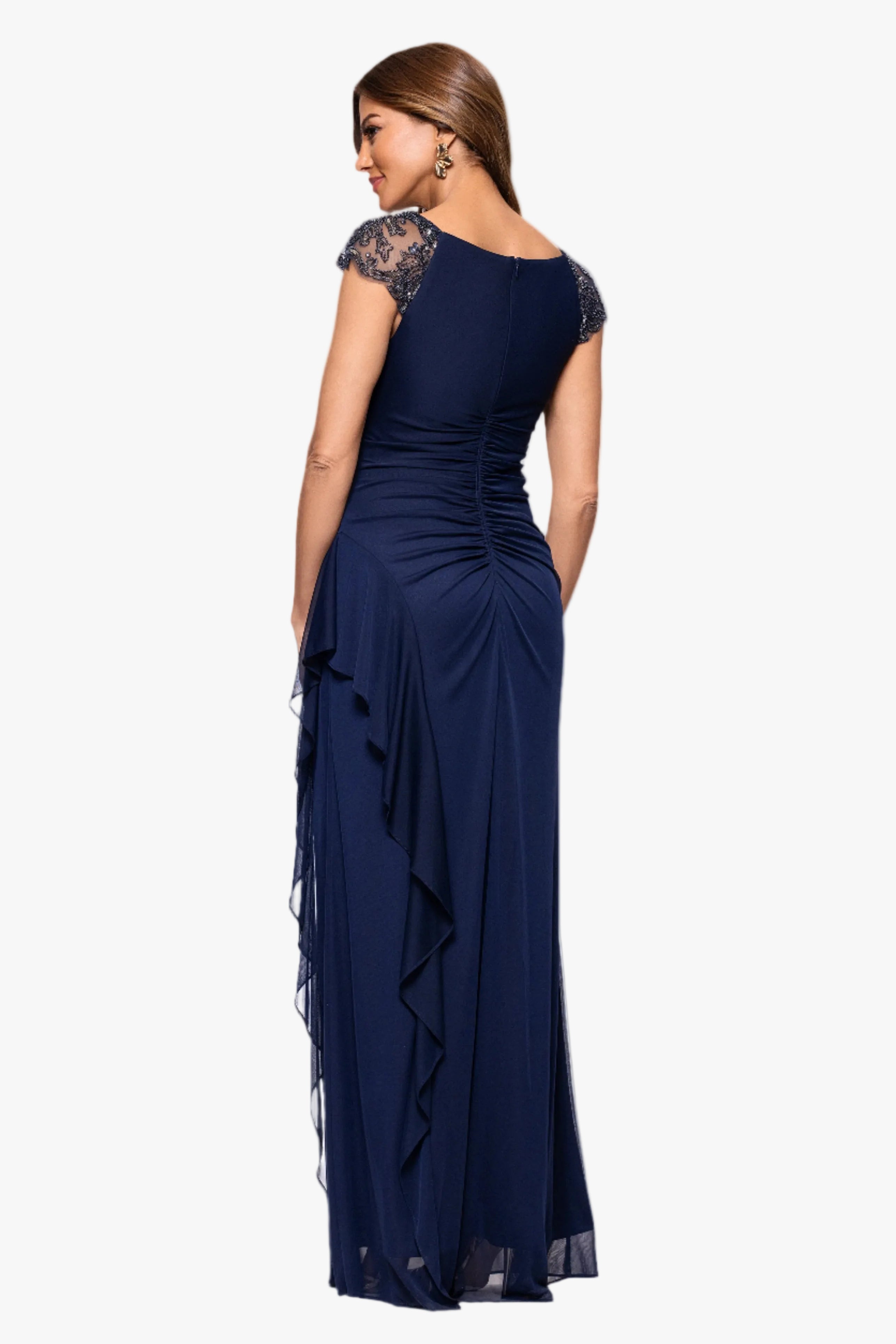Petite "Cathleen" Sheer Matte Jersey Beaded Neckline Ruffle Floor Length Dress