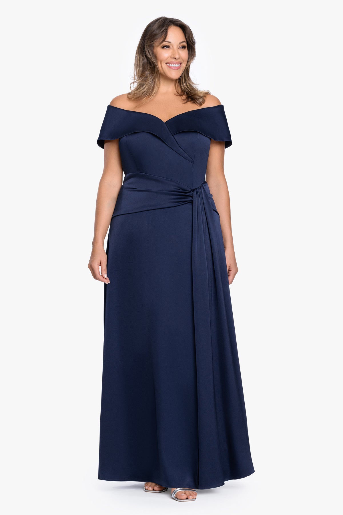 Plus "Daniella" Satin Off Shoulder Short Sleeve Dress