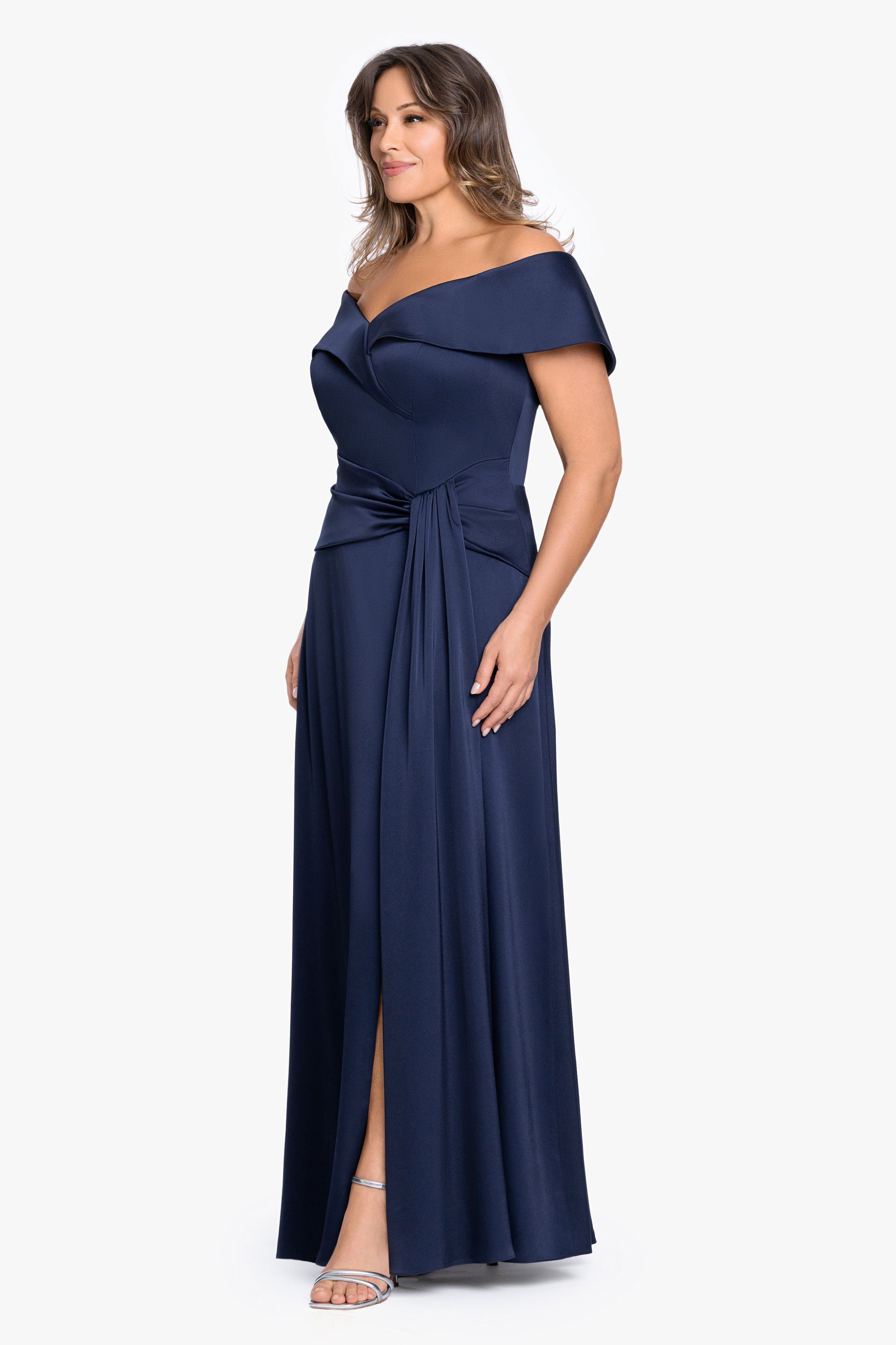 short sleeve formal maxi dress Xscape Plus Size Off-The-Shoulder A-Line Gown - Navy