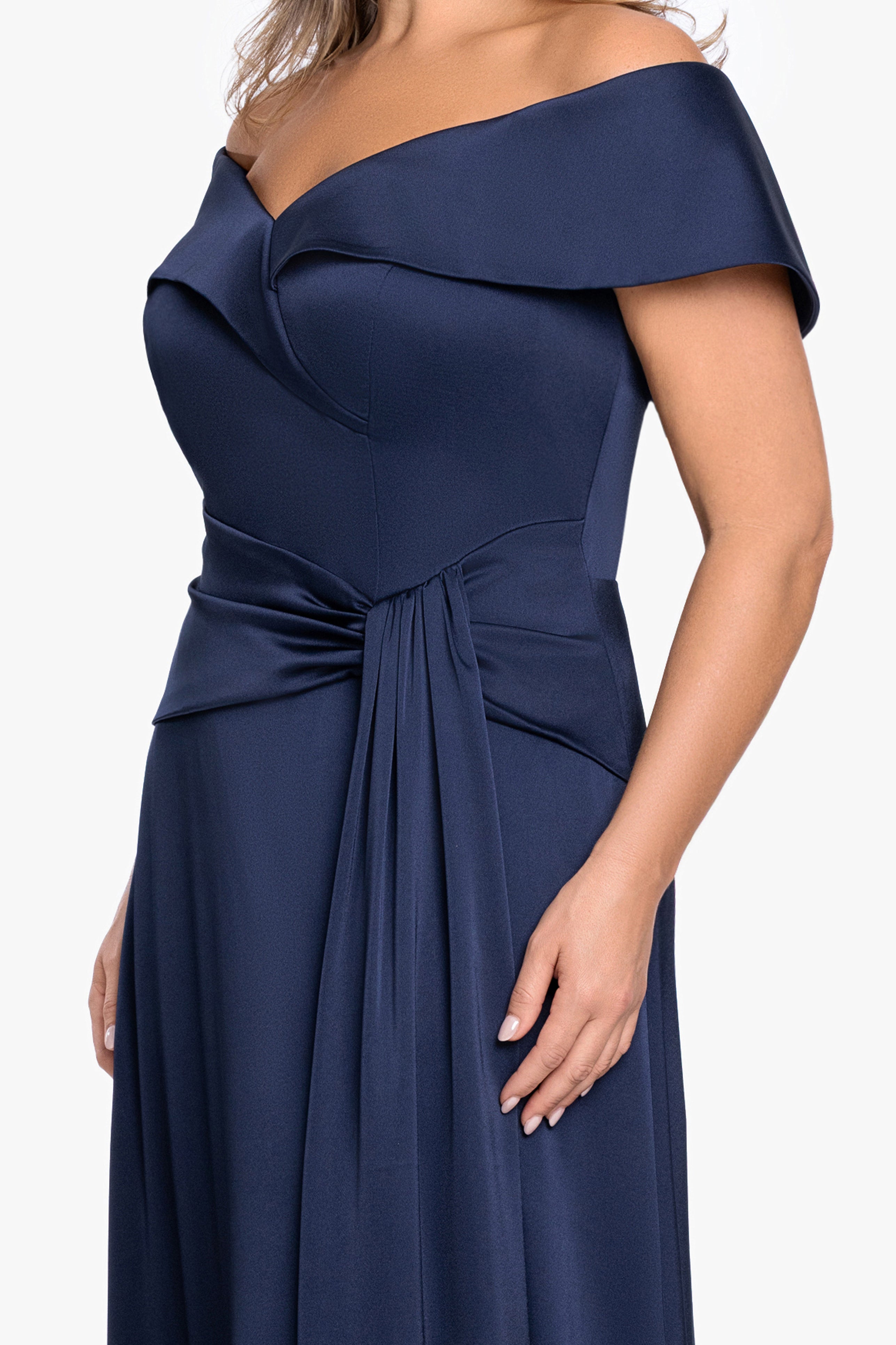 Plus "Daniella" Satin Off The Shoulder Short Sleeve Long Dress