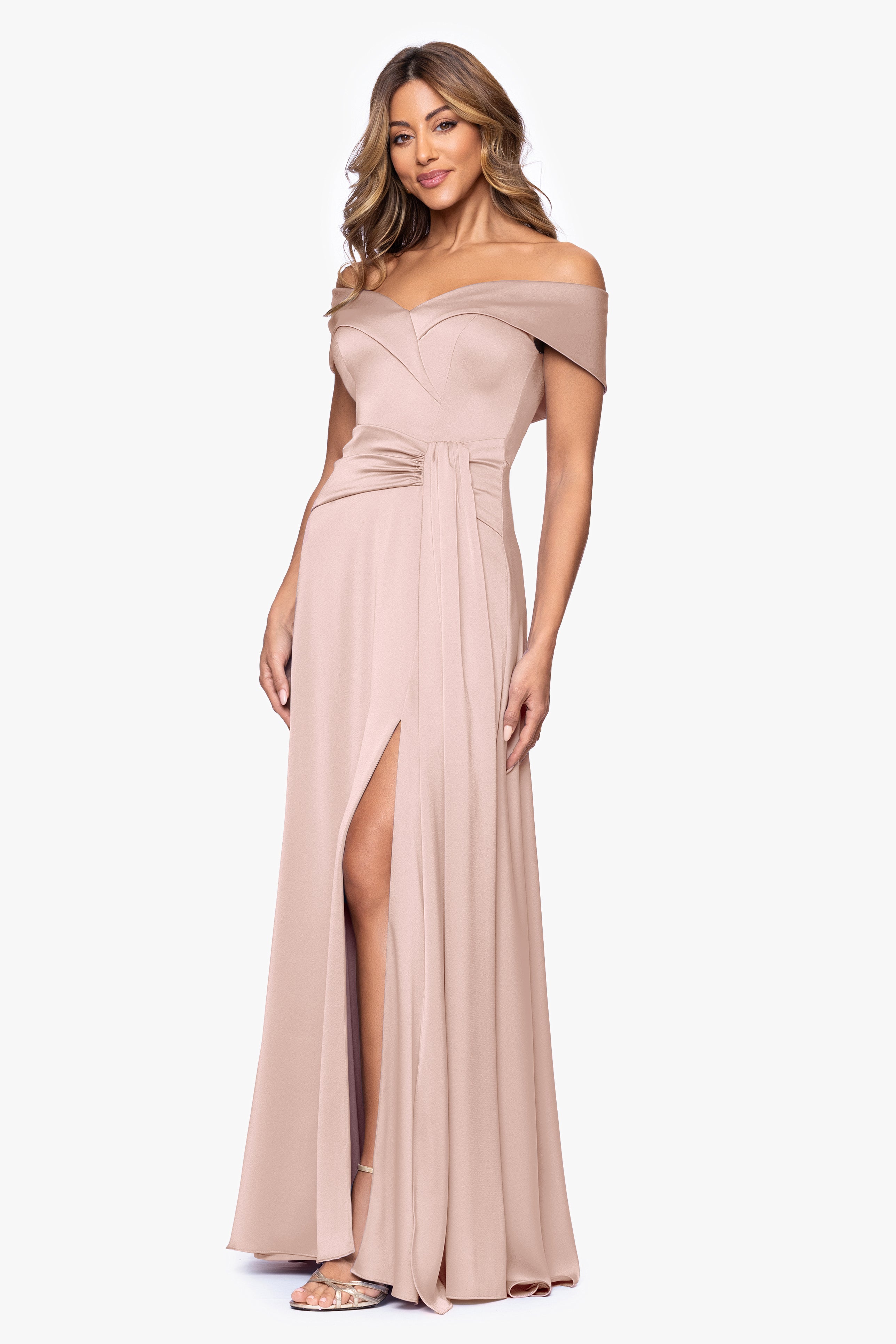 "May" Satin Draped Off the Shoulder Floor Length Dress