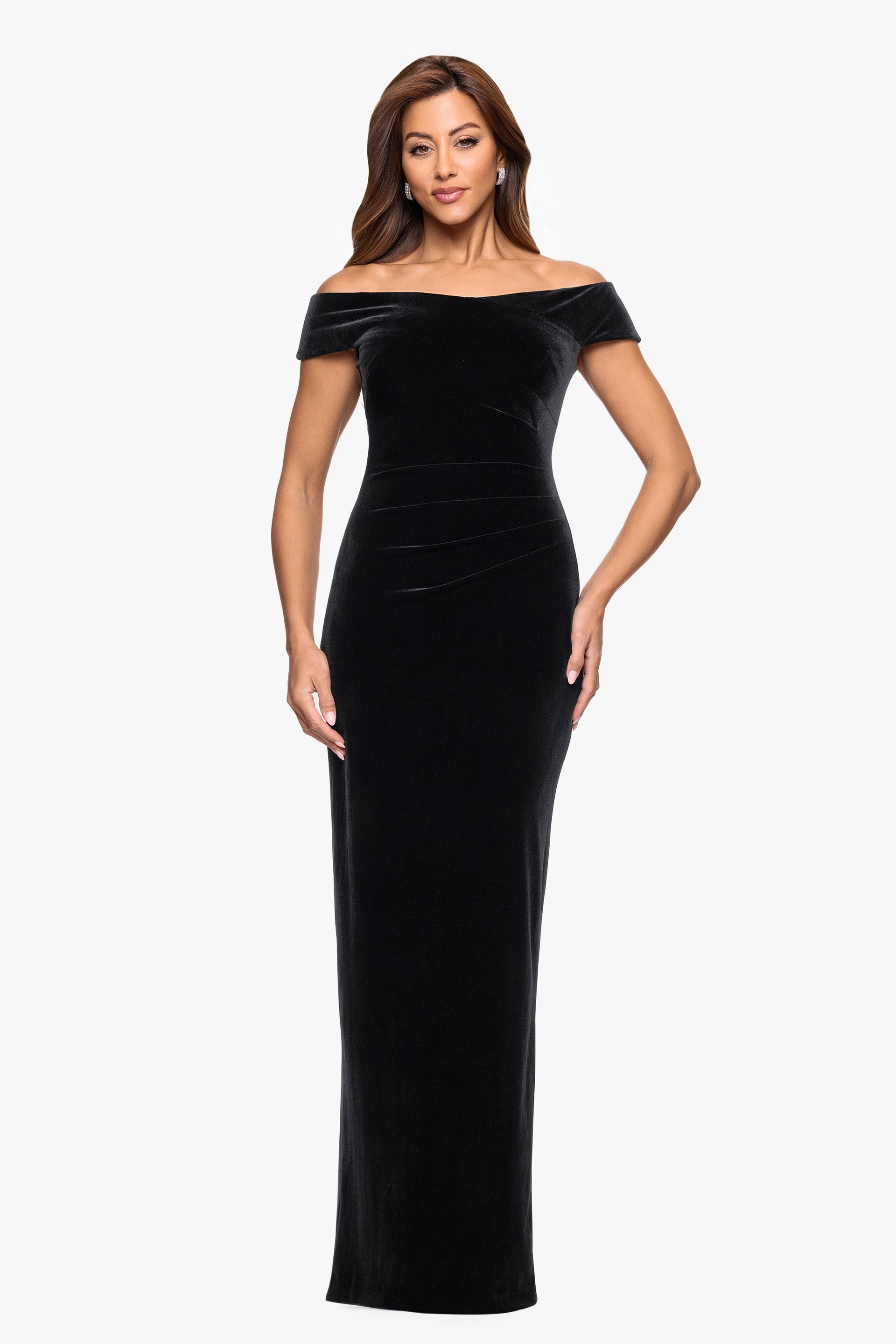 Petite "Agatha" Velvet Off Shoulder Rouched Waist Dress