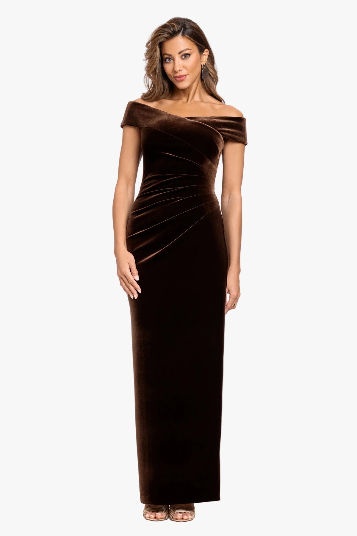 "Agatha" Velvet Off the Shoulder Rouched Waist Dress